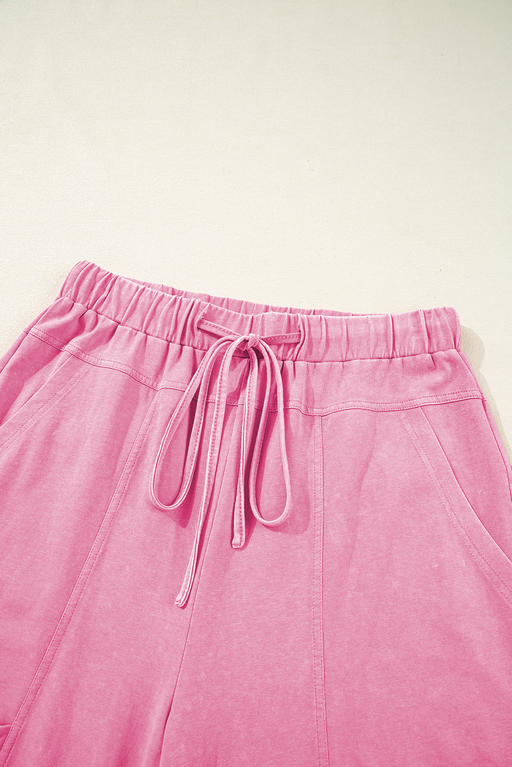 Women's Pink Mineral Wash Exposed Seam Drawstring Elastic Waistband Wide Leg Cargo Trousers at LivelyLooks