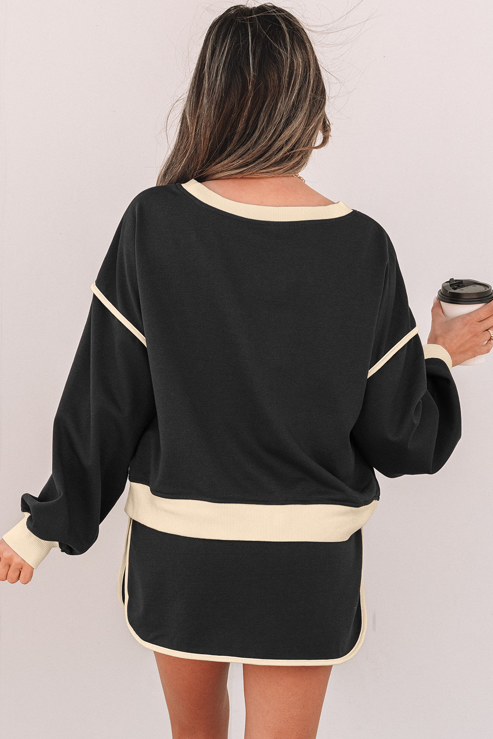 Shop Colour Contrast Loose Pullover & Lace-Up Waist Skort Set S-XL at LivelyLooks