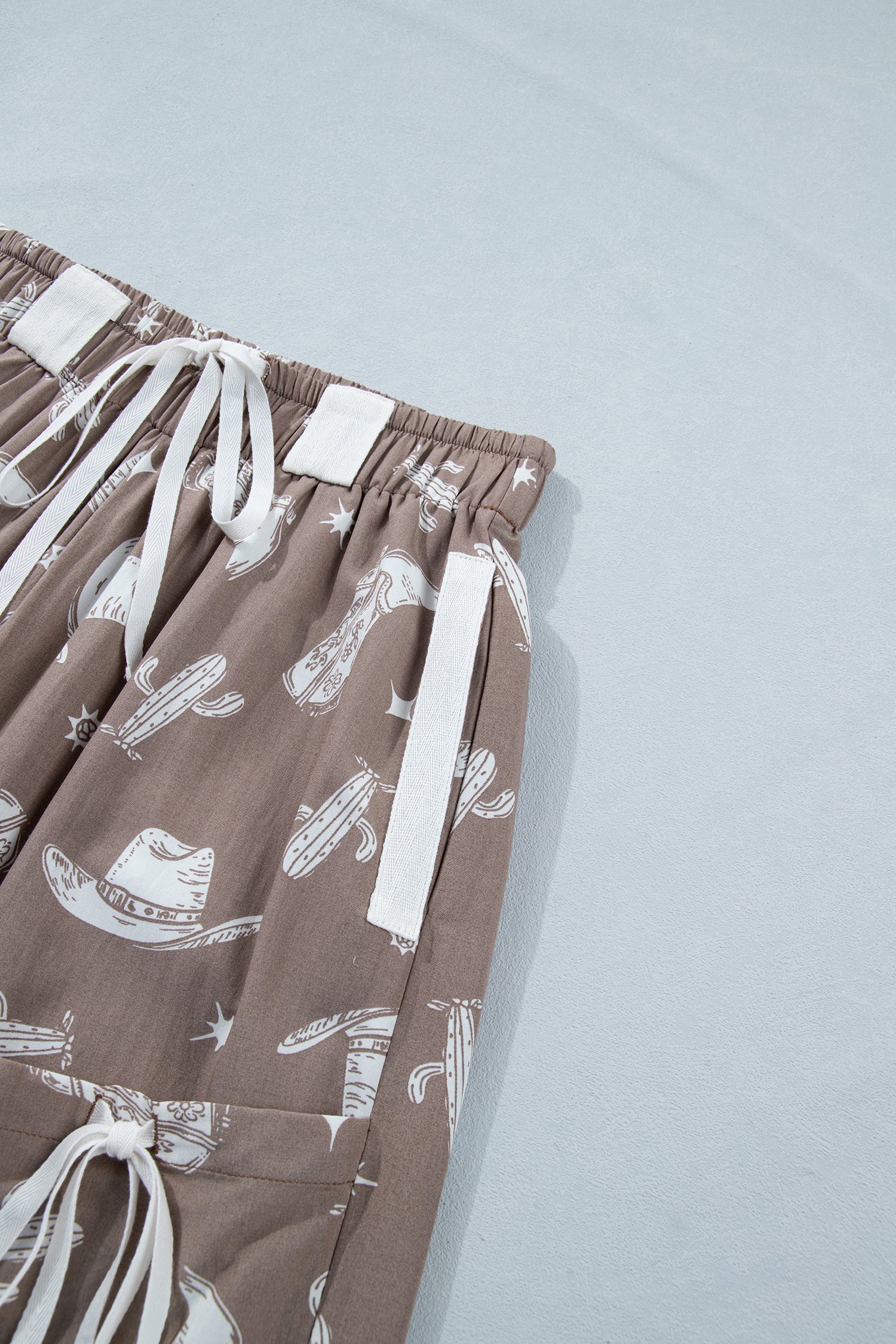 Khaki Western Cactus Cowgirl Print Vintage Drawstring Jogger Pants