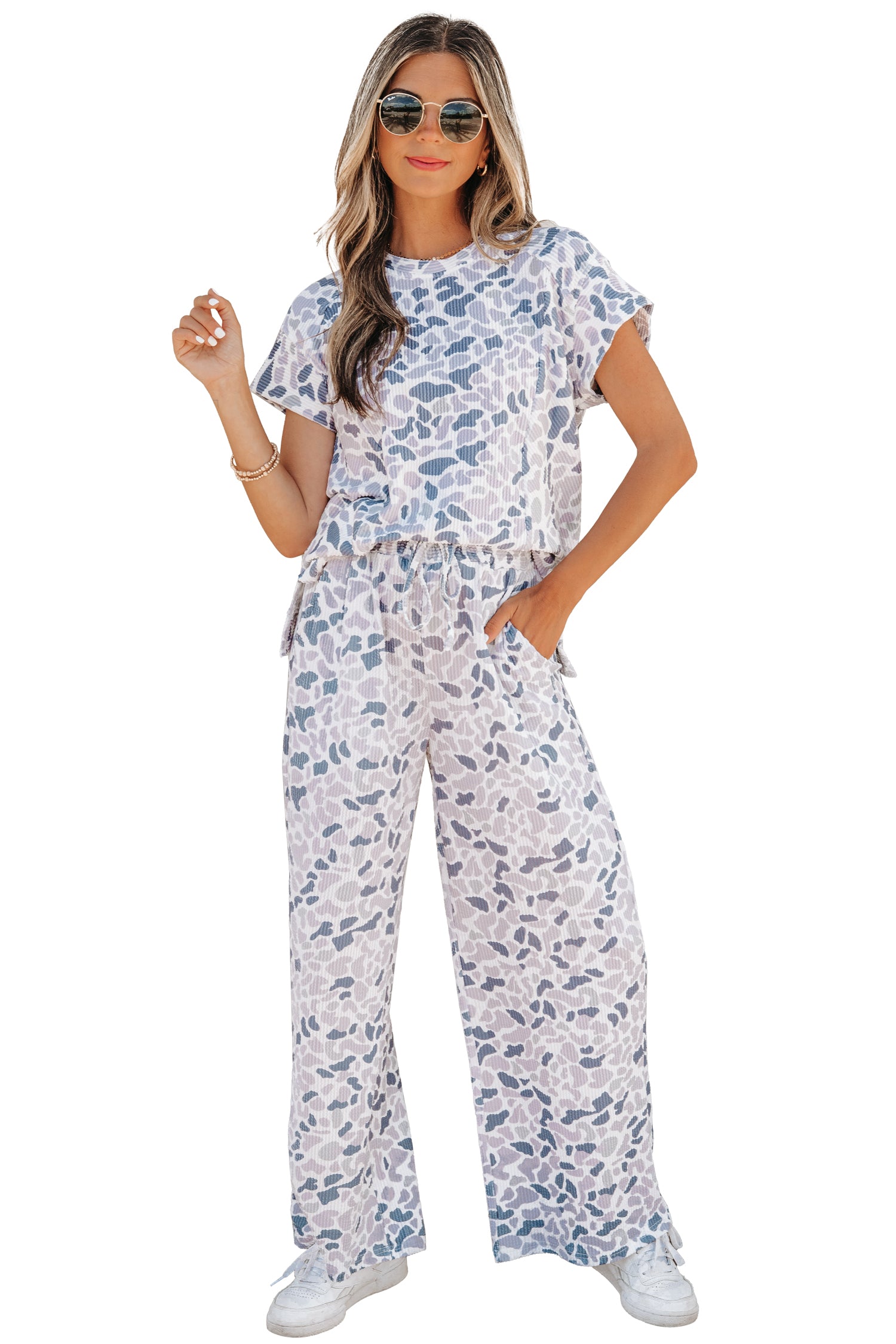 Beige Camouflage Print Twisted Rib Loose Tee & Drawstring Pants Set