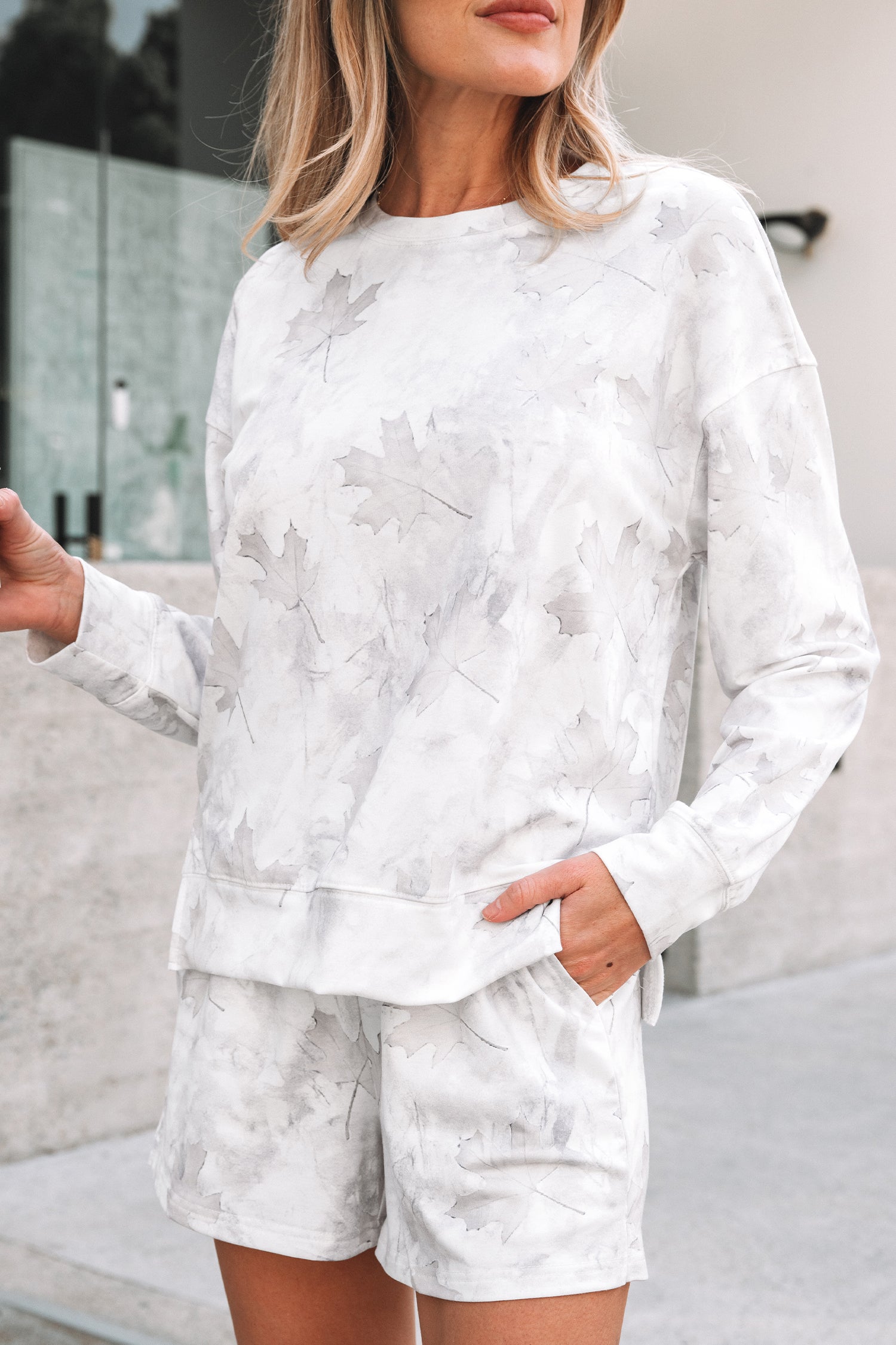 Shop Beige Maple Camo Print Pullover Top & Elastic Waist Shorts Set S-XL at LivelyLooks