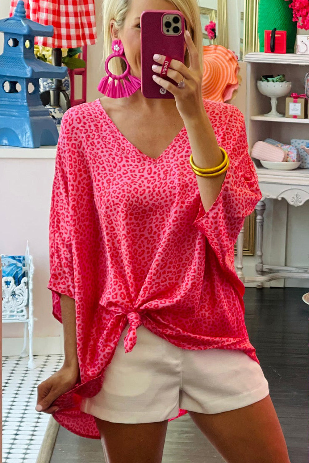 Shop Women's Leopard Print Oversized V-Neck Half Sleeve Top Blouse Pink Rose at LivelyLooks