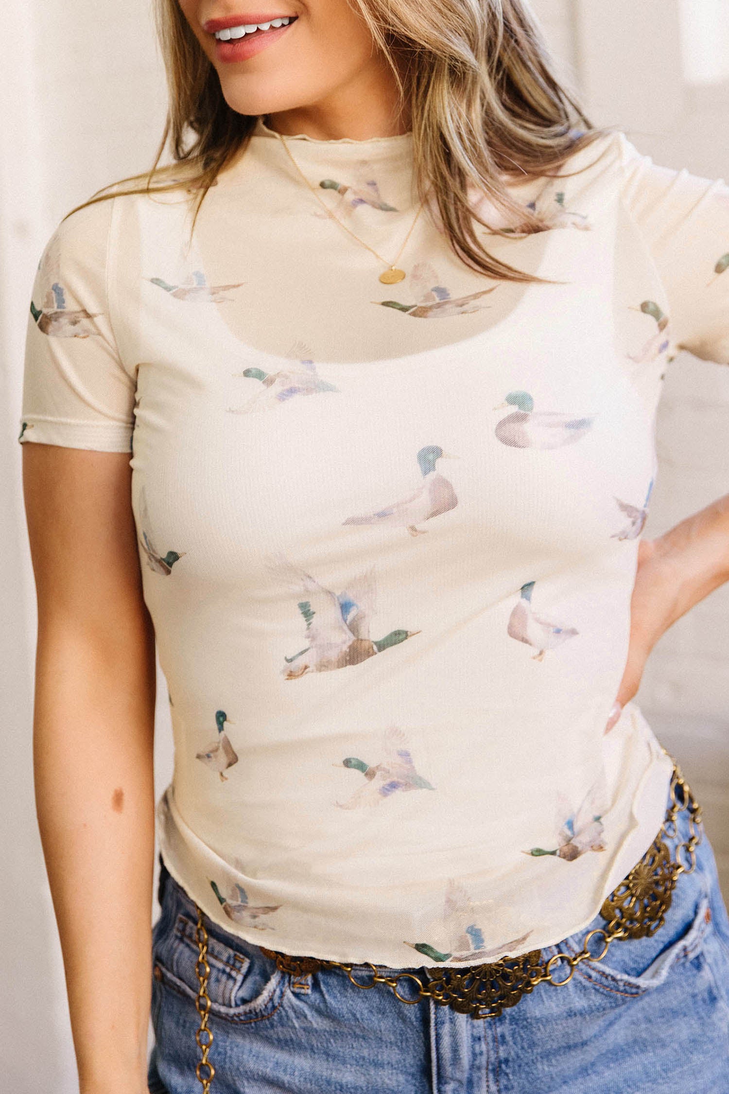 Beige Mallard Print Sheer Mesh Top Short Sleeve Women S-XL