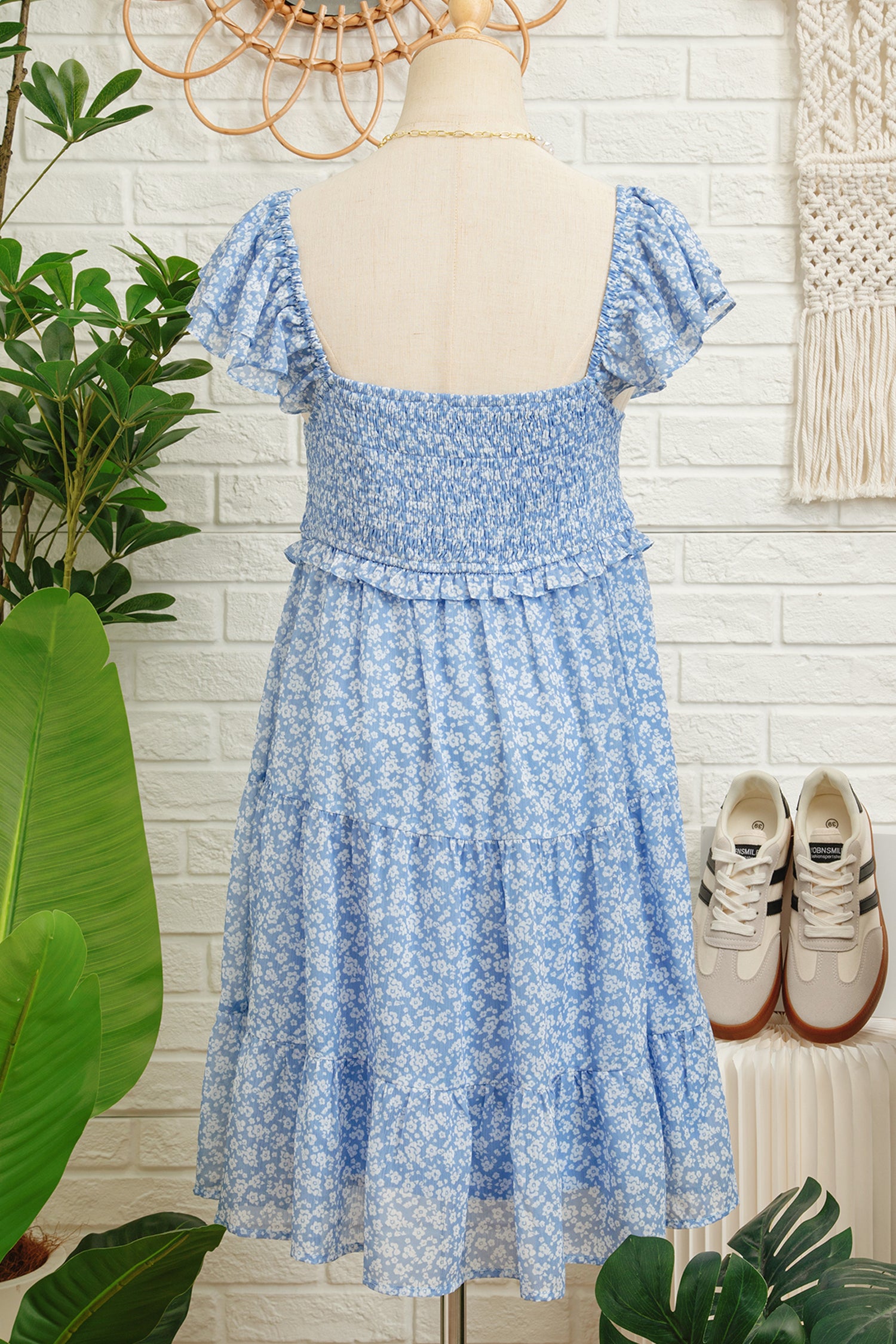 Sky Blue Floral Smocked Tiered Mini Dress Square Neck Flutter Sleeve