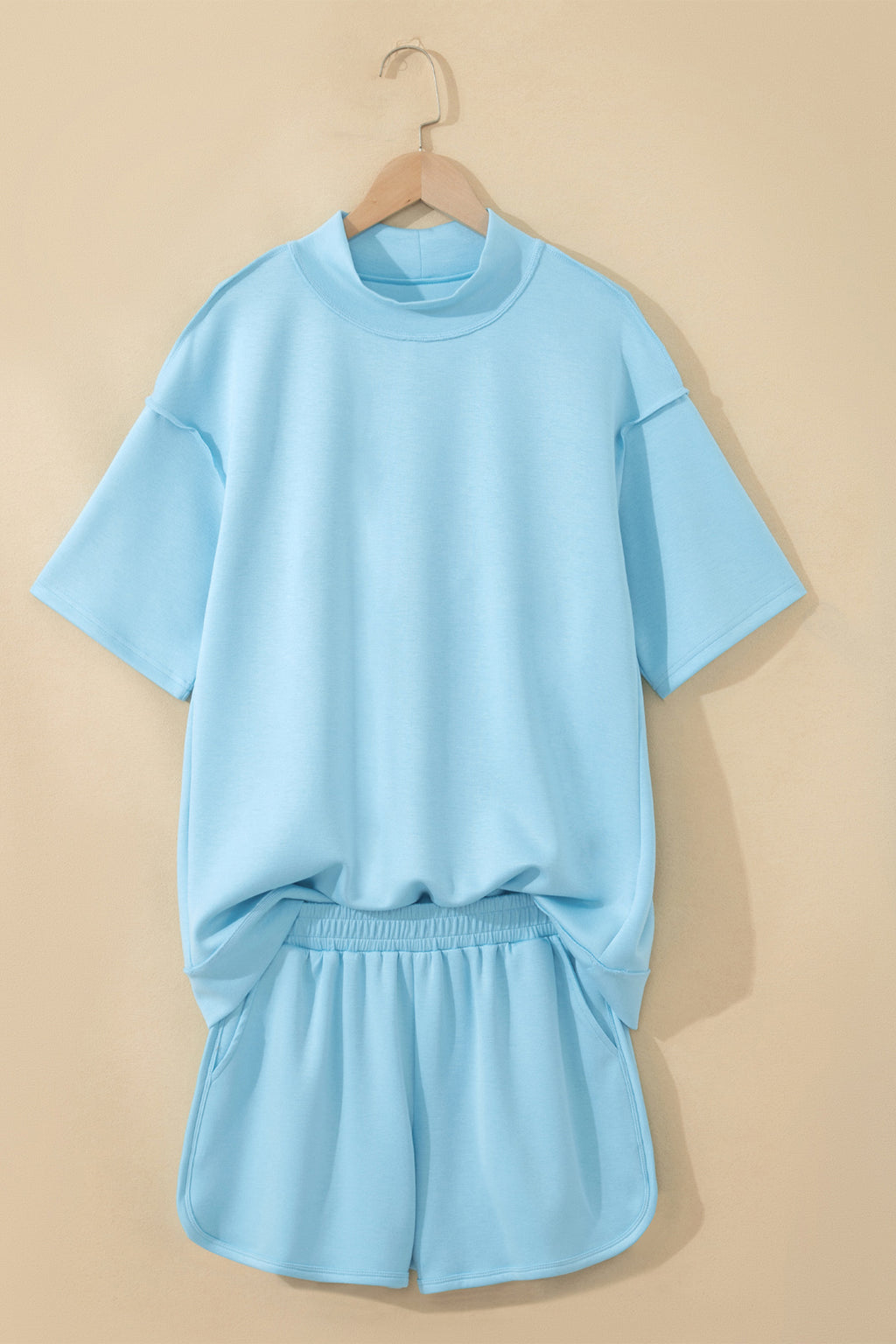 Exposed Seam Mock Neck Oversized Tee & Shorts Set – Mist Blue