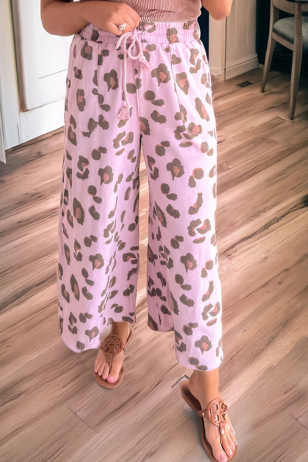 Women's Leopard Print Wide Leg Trousers Drawstring Waist S-XL at LivelyLooks