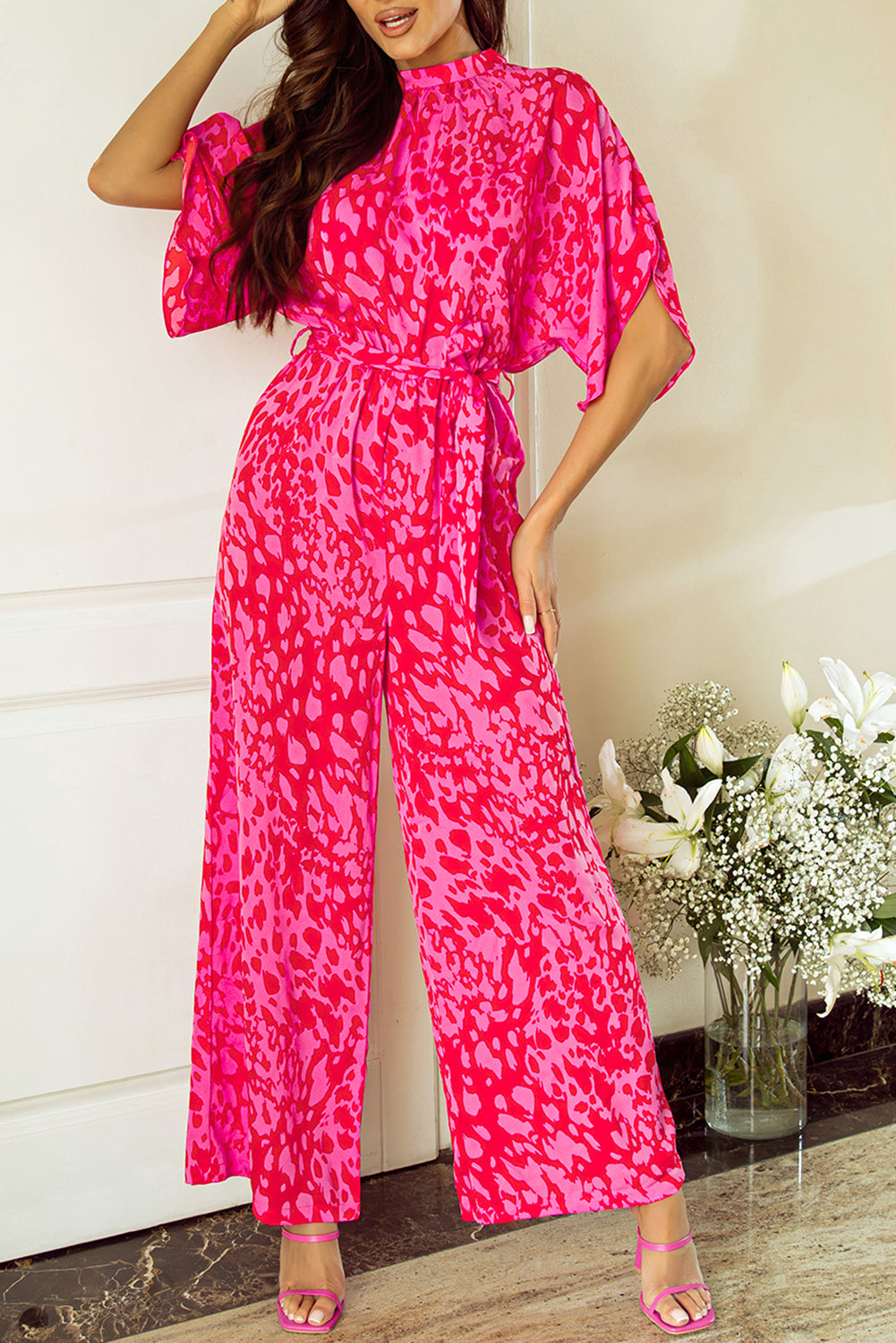 Women's Rose Leopard Print Belted Wide Leg Jumpsuit at LivelyLooks