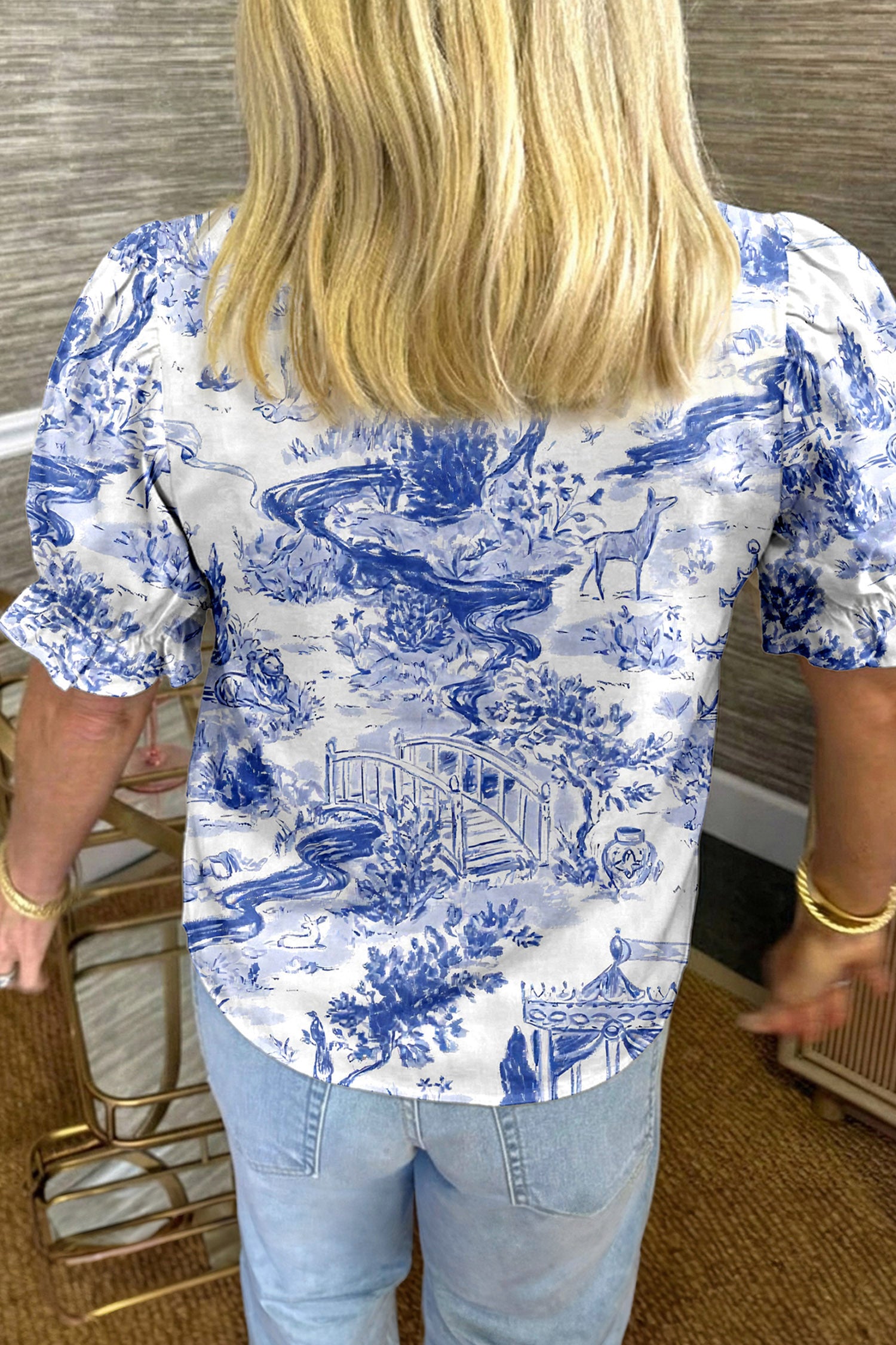 Blue Wild Animal Print Blouse Striped Detail V Neck Short Sleeve Women S-XL
