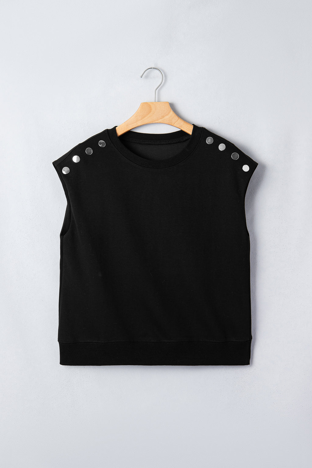 Women's Black Casual Solid Short Sleeve Top with Metal Button Details at LivelyLooks