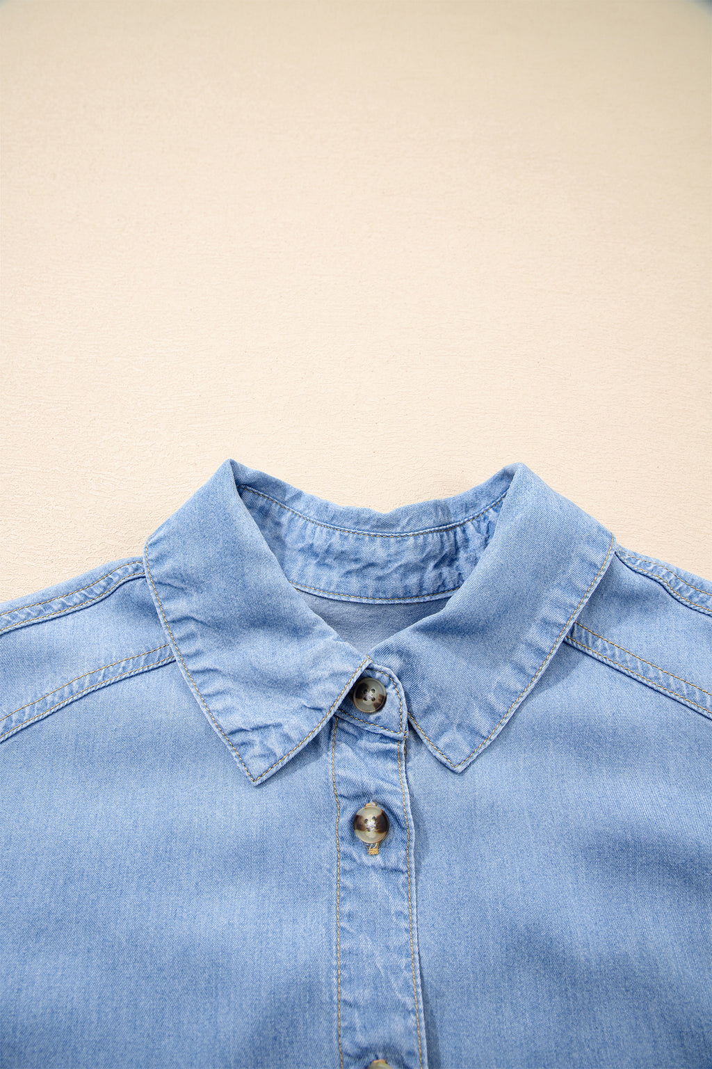 Shop Beau Blue Half Sleeve Button Down Ruffled High Low Chambray Shirt at LivelyLooks