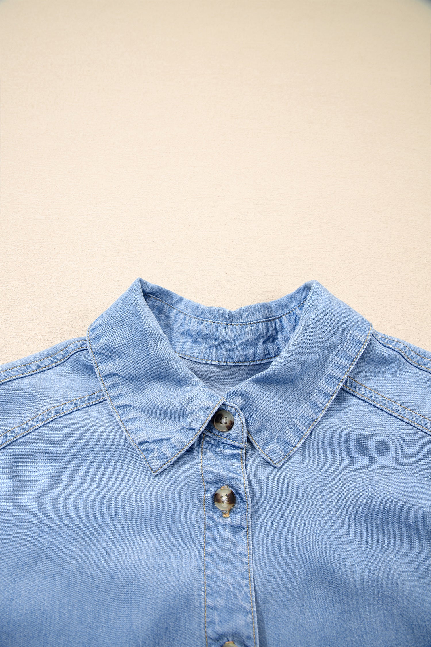 Shop Beau Blue Half Sleeve Button Down Ruffled High Low Chambray Shirt at LivelyLooks