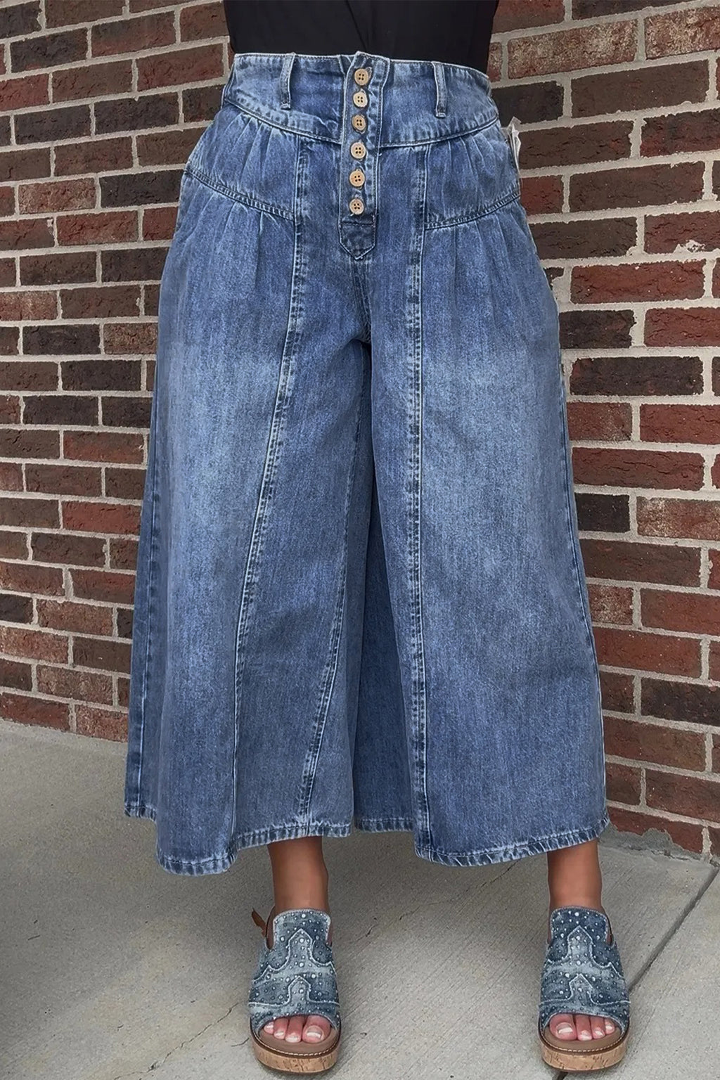 Dusk Blue High Rise Buttons Pleated Cropped Wide Leg Denim Pants | UK 8–18