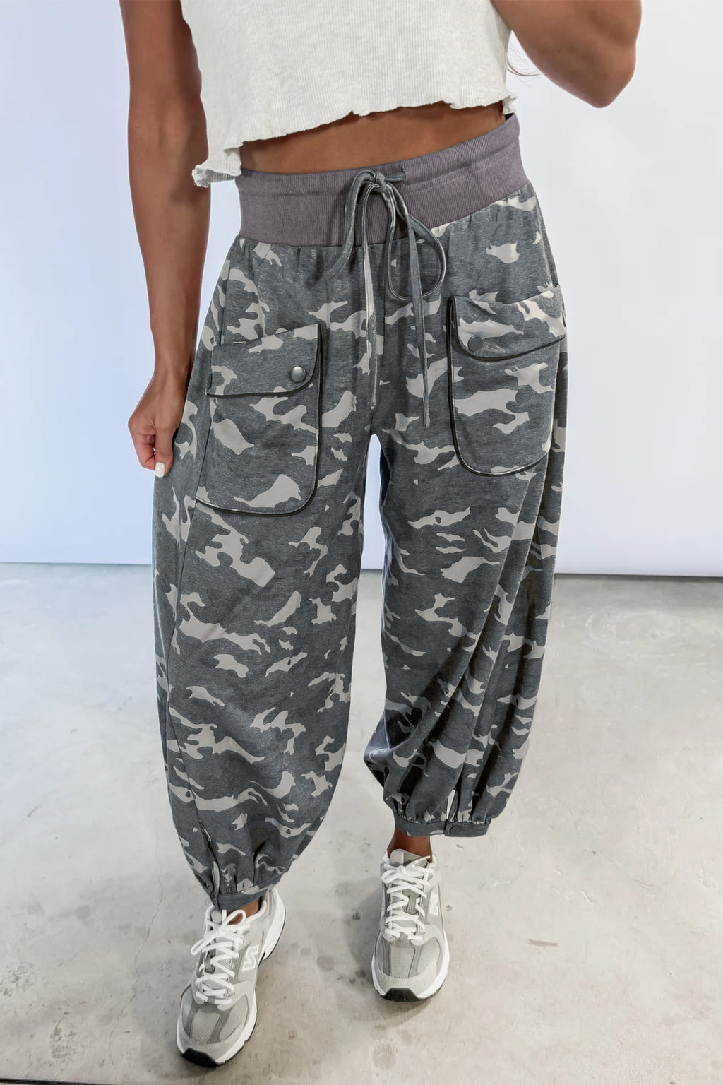 Camo Print Drawstring Cargo Barrel Pants | Khaki & Multicolour