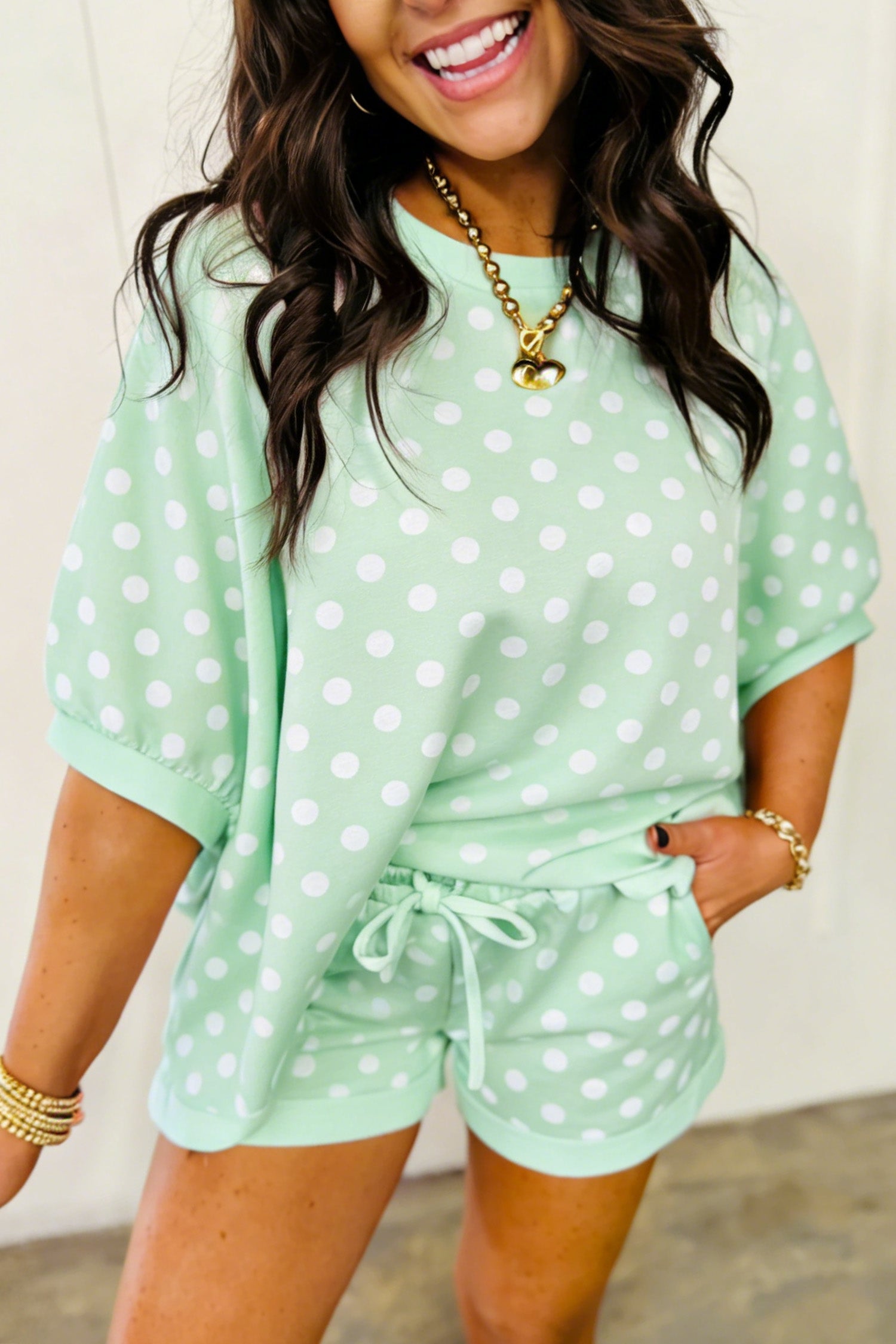 Polka Dot Oversized Top & Shorts Co-ord Set | Beige Pink Blue Green