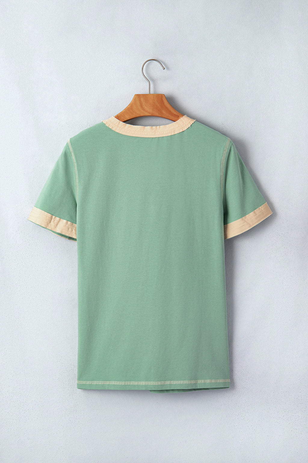 Colour Block Henley Tee Raw Seam Detail Buttoned Mint Green Light Grey Women S-XL