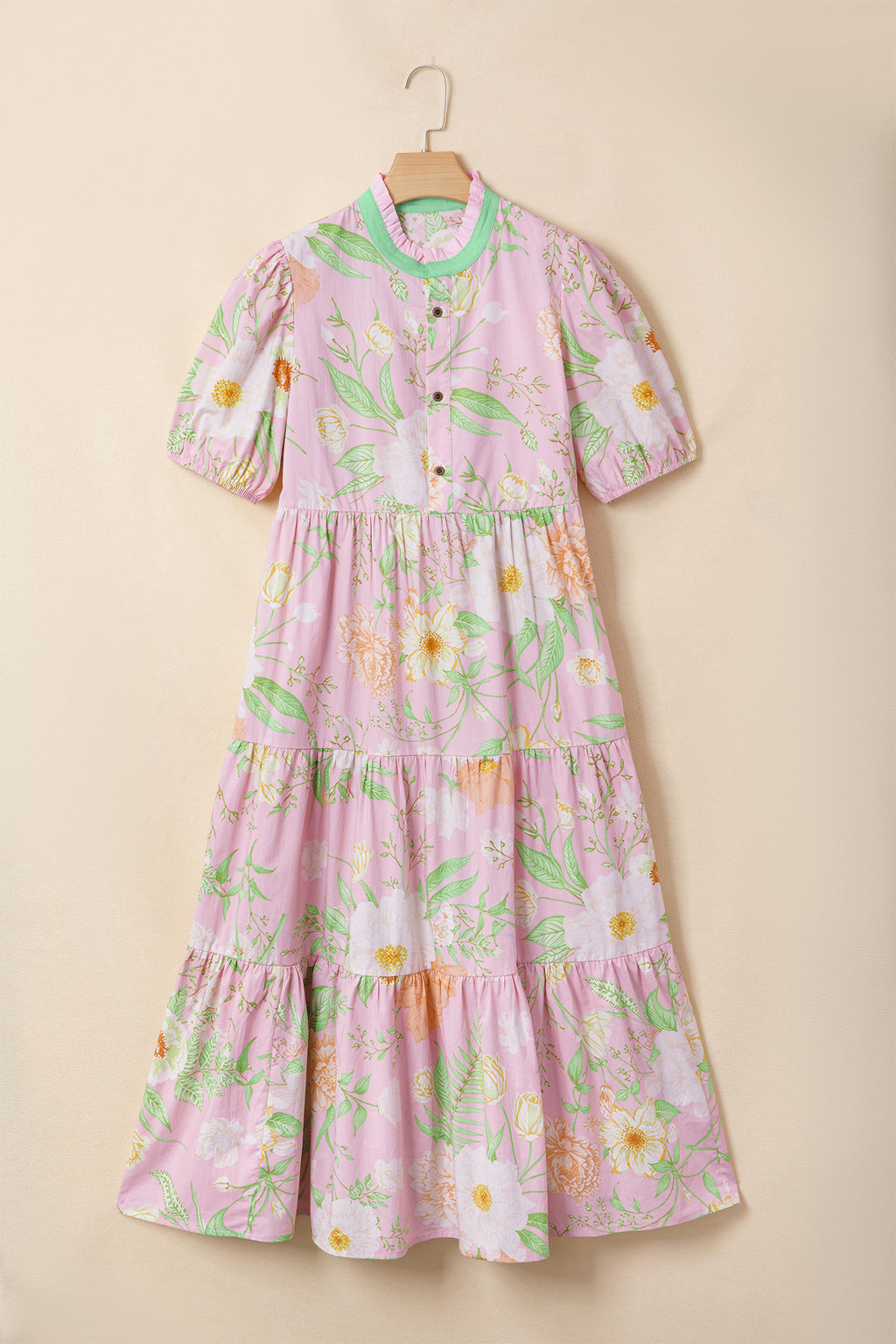 Pink Floral Tiered Maxi Dress High Waist Puff Sleeve Pockets Women S-XL
