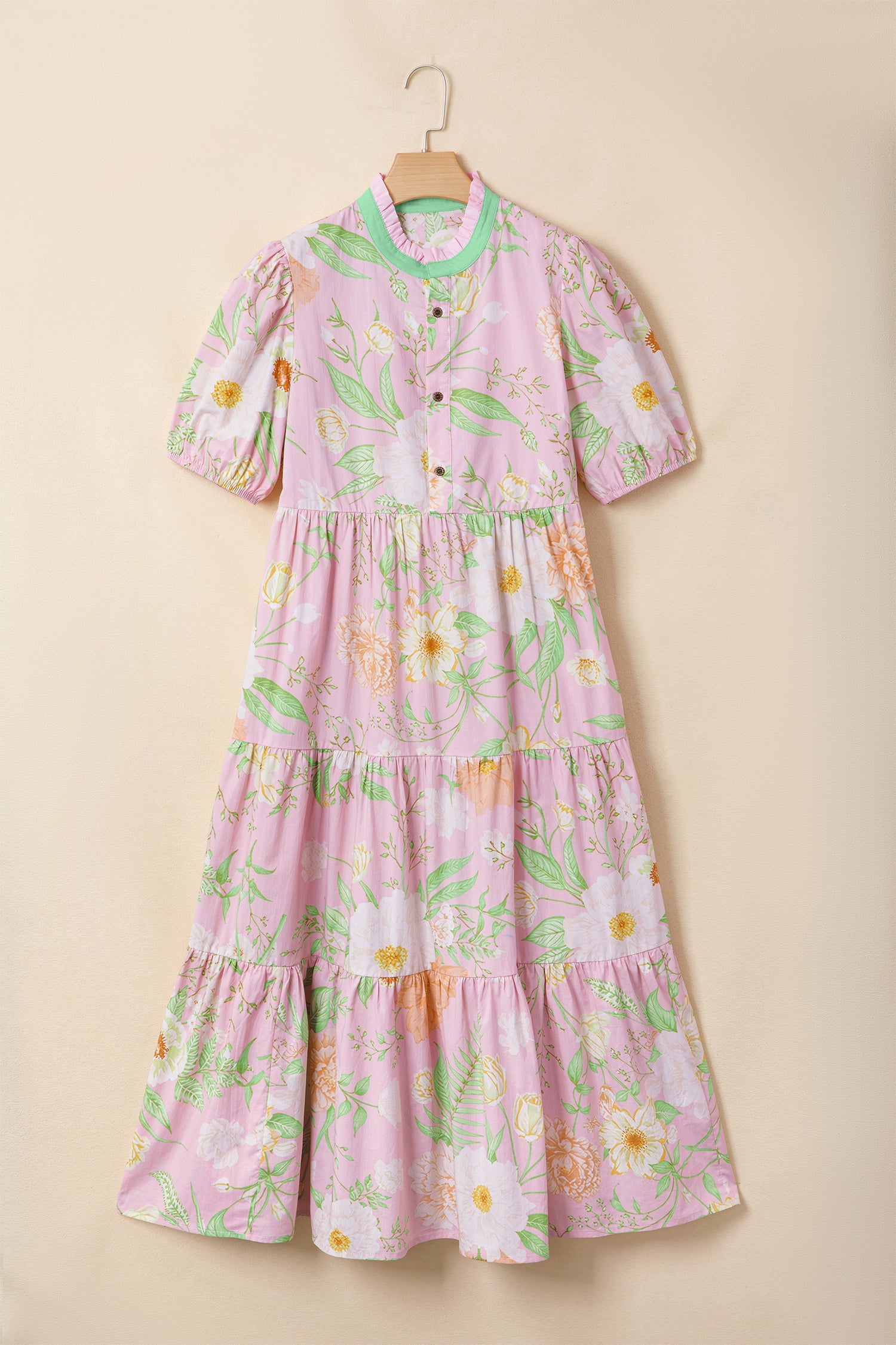 Pink Floral Tiered Maxi Dress High Waist Puff Sleeve Pockets Women S-XL