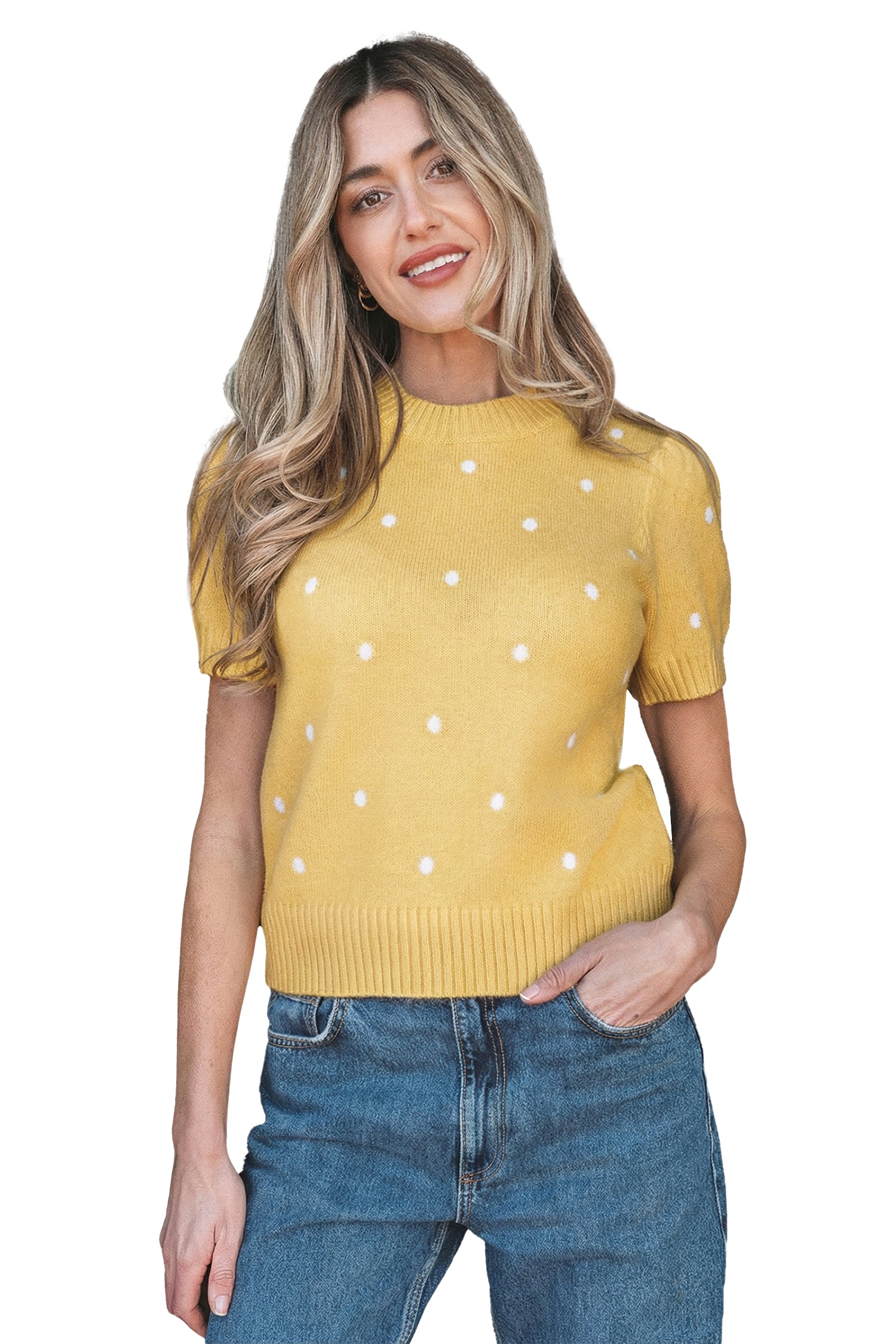 LivelyLooks Yellow Cream Elegant Polka Dot Bubble Short Sleeve Sweater women's fashion