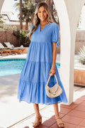 Dusk Blue & Yellow Gingham Bow Tie V-Neck Tiered Midi Dress | Pockets