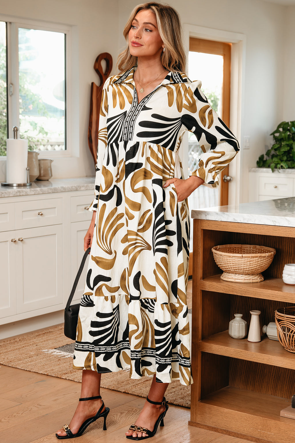 Women's Brown Tropical Printed Contrast Trim Neck Long Sleeve Ruffle Hem Dress at LivelyLooks