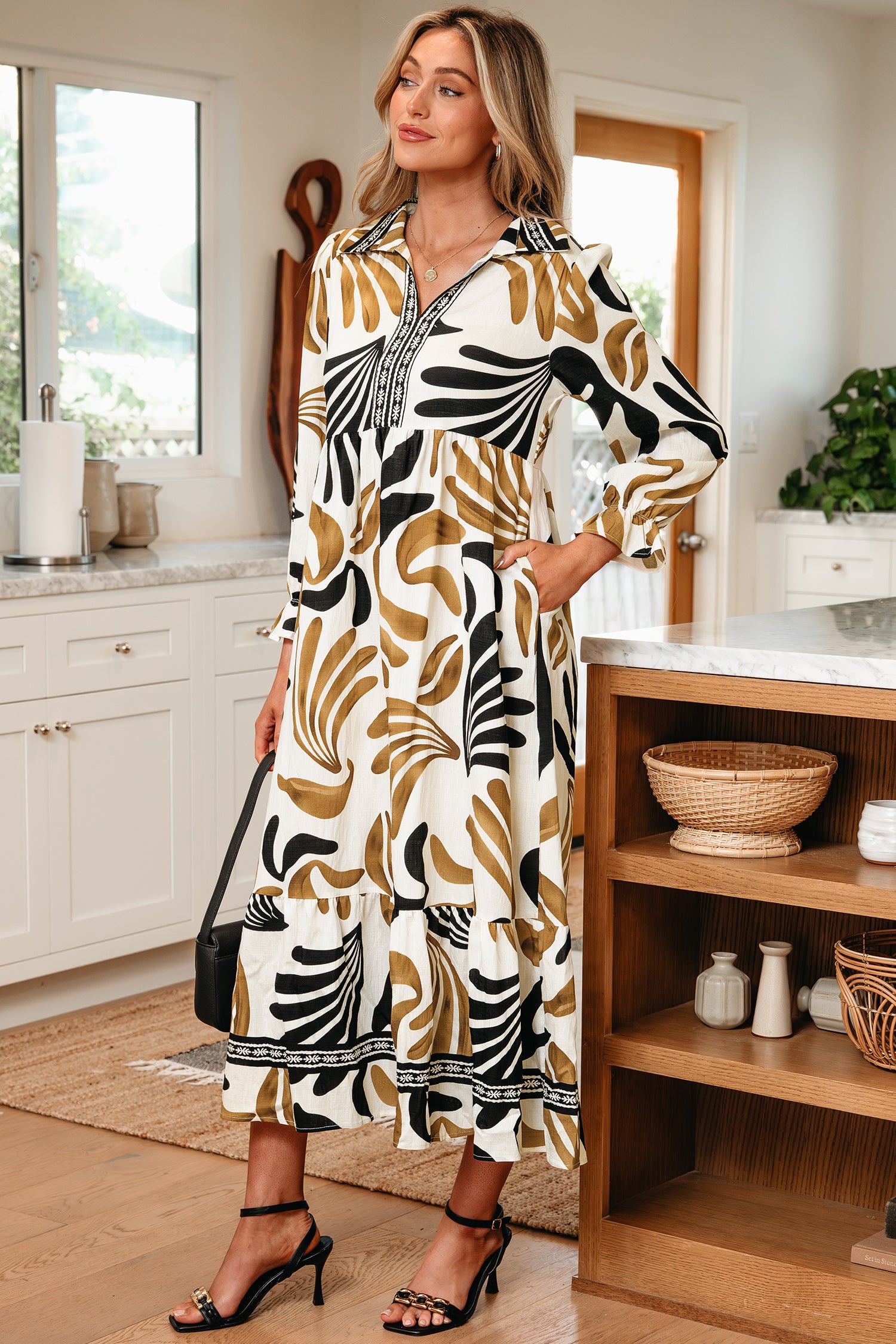 Women's Brown Tropical Printed Contrast Trim Neck Long Sleeve Ruffle Hem Dress at LivelyLooks