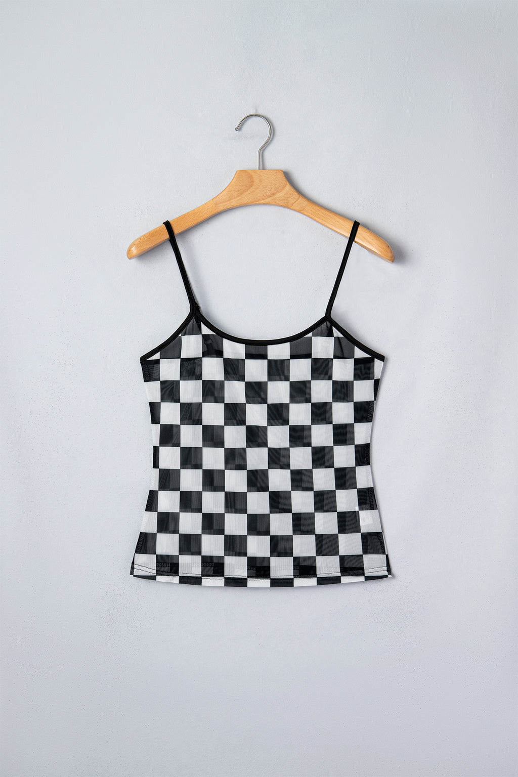 Black Sheer Checkered Print Spaghetti Strap Slim Tank Top