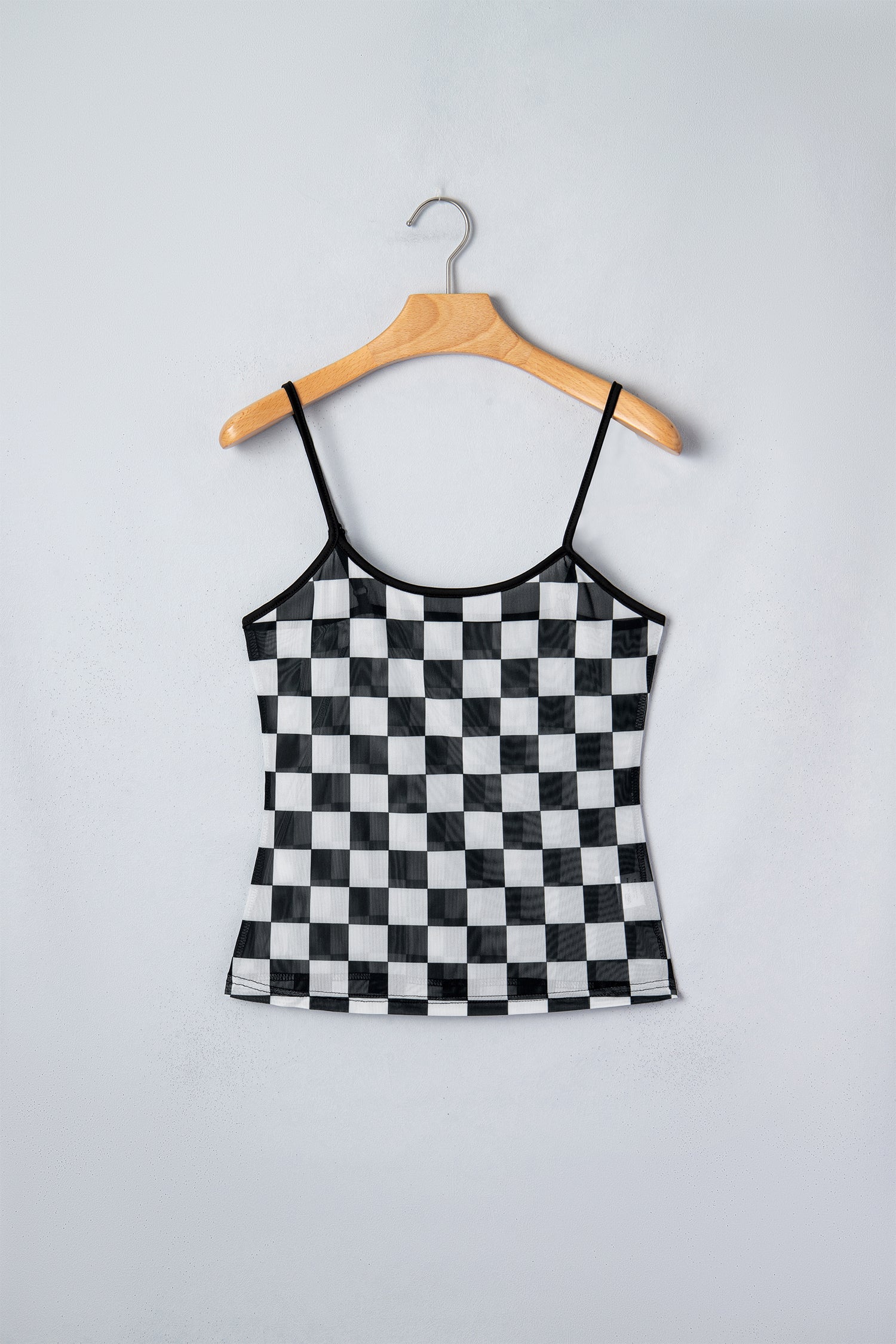Black Sheer Checkered Print Spaghetti Strap Slim Tank Top
