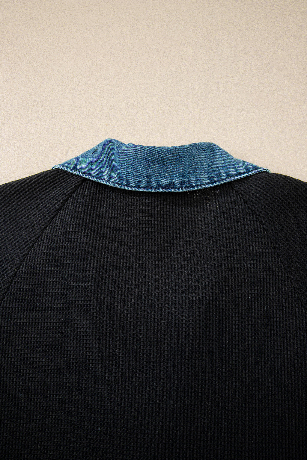 Black Waffle Knit Denim Contrast Trim Polo Button Tee Dress