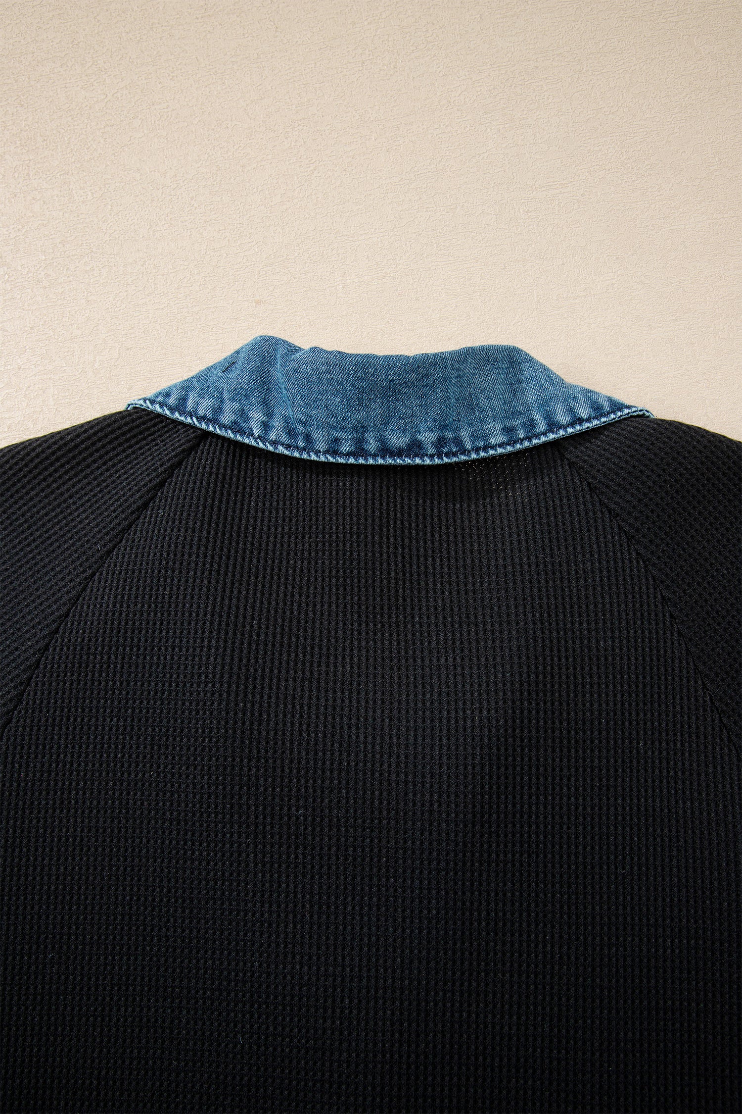 Black Waffle Knit Denim Contrast Trim Polo Button Tee Dress
