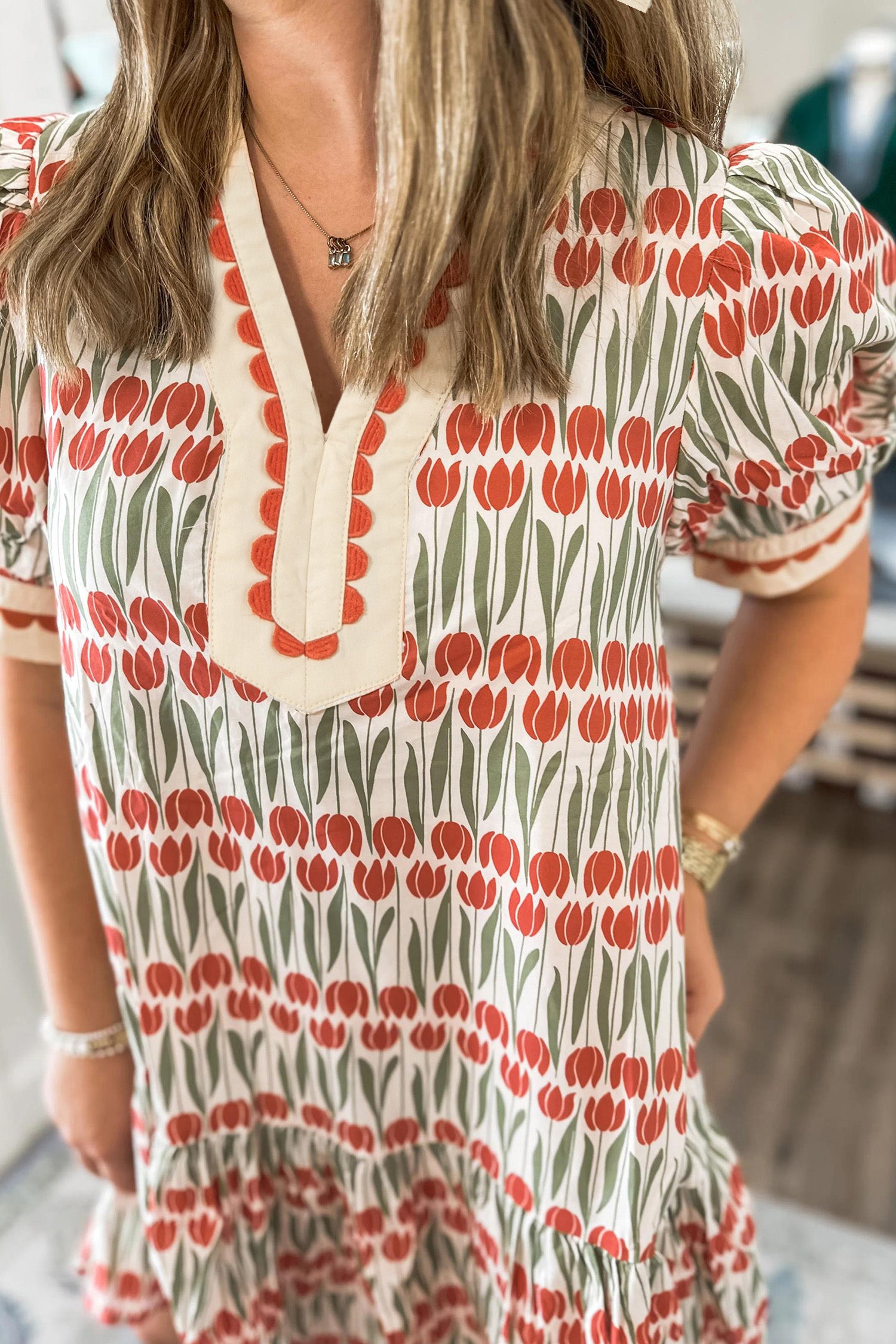 White Tulip Floral Print Cotton Puff Sleeve Rick Rack Mini Dress