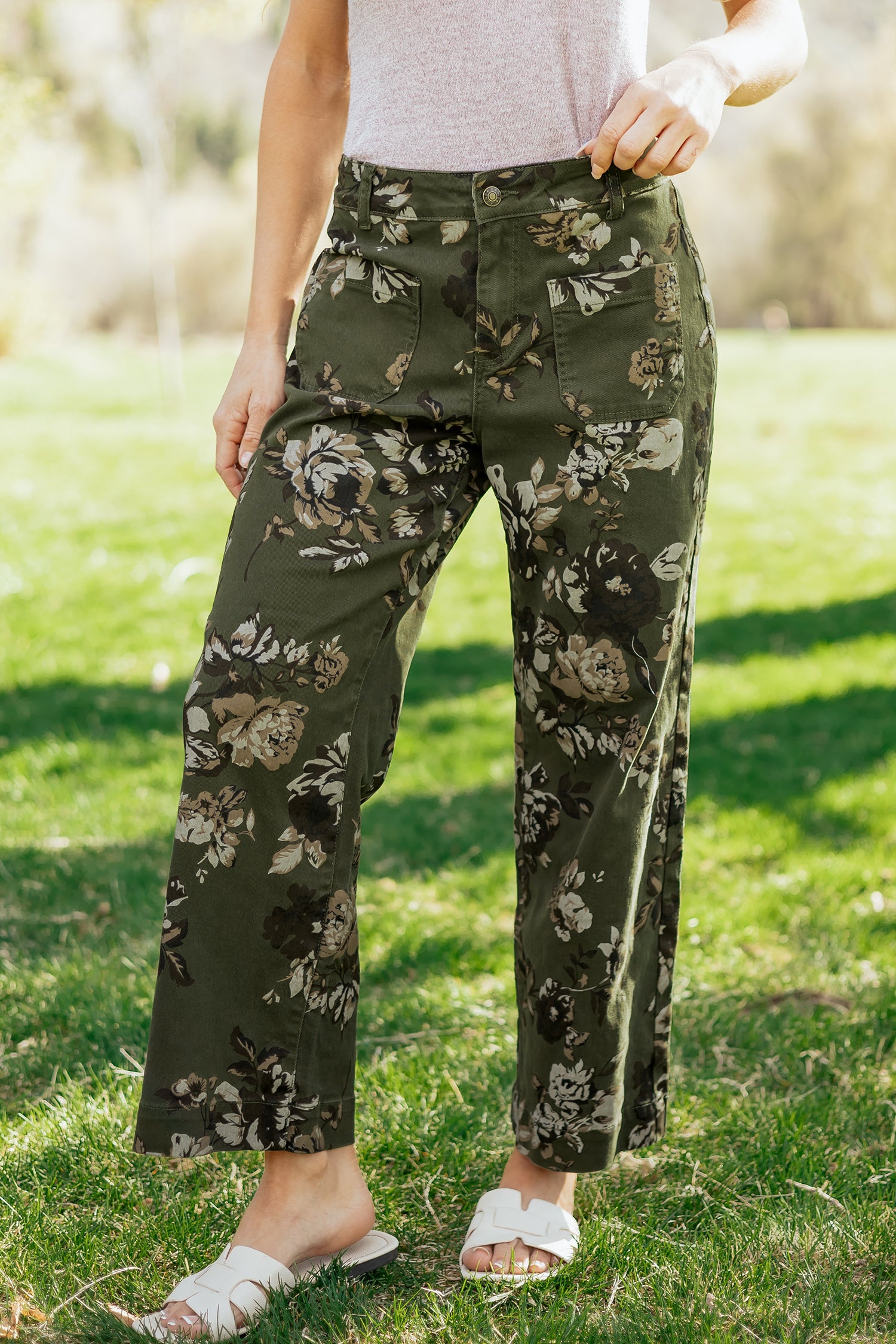 Green Vintage Floral Print Shift Jeans Square Patch Pocket Raw Hem UK 4-16