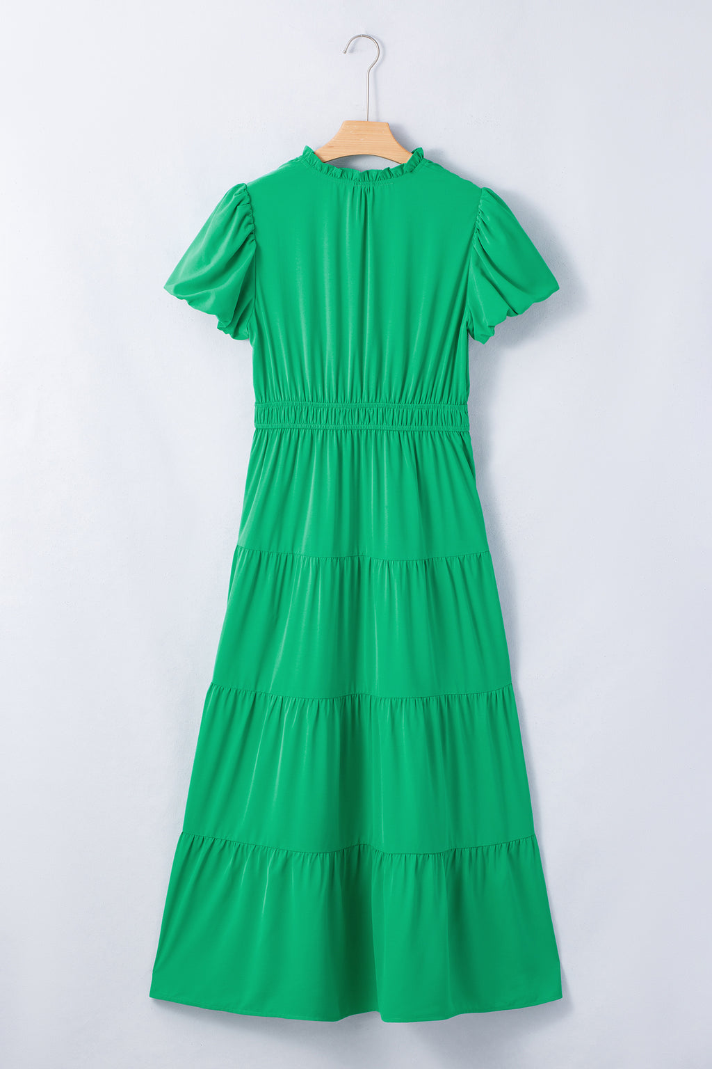 Women's Solid Colour V Neck Puff Sleeve High Waist Tiered Maxi Dress | S-XL at LivelyLooks
