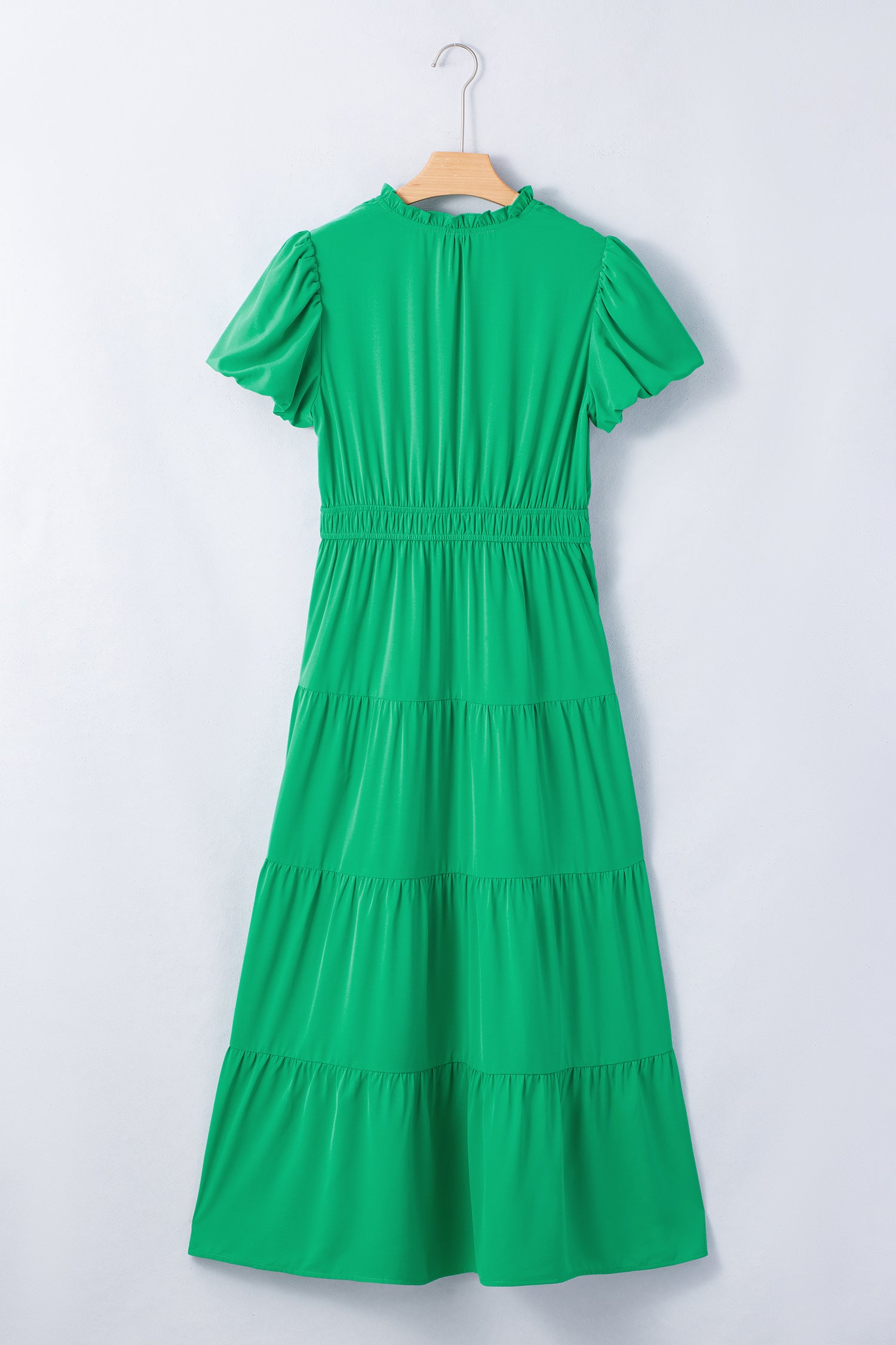 Women's Solid Colour V Neck Puff Sleeve High Waist Tiered Maxi Dress | S-XL at LivelyLooks