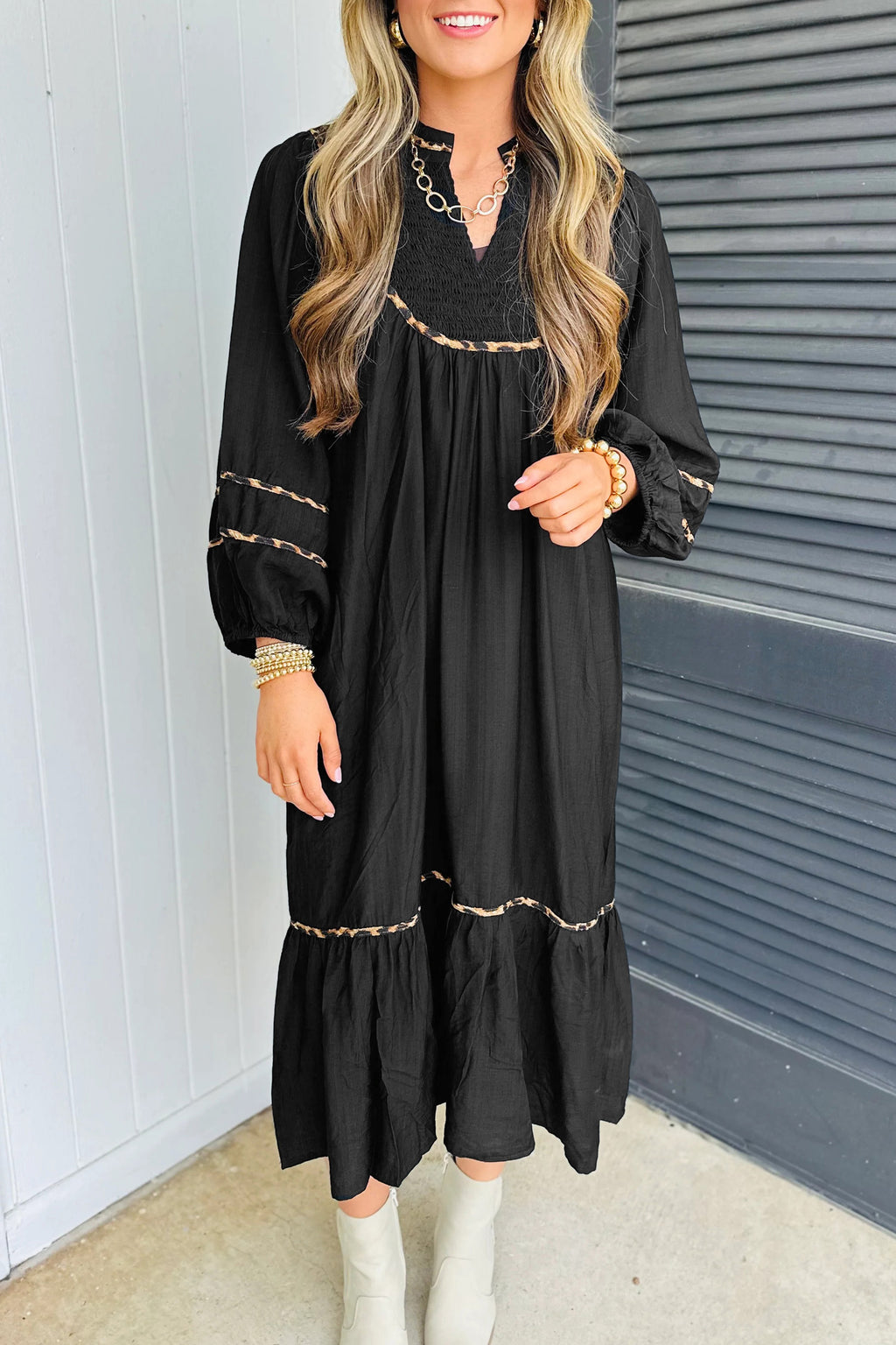 Women's Black Leopard Trim Split Neck Long Sleeve Midi Dress at LivelyLooks