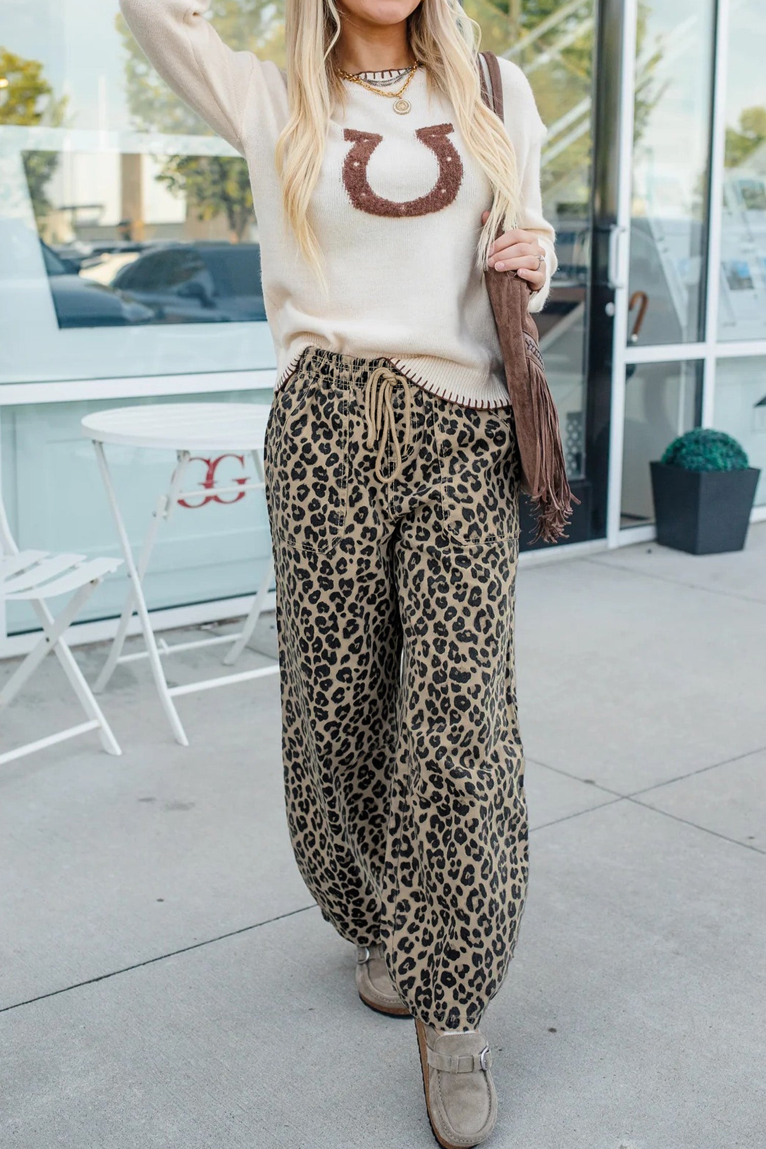Women's Khaki Leopard Print Loose Denim Jeans Drawstring Elastic Waist UK 4-16