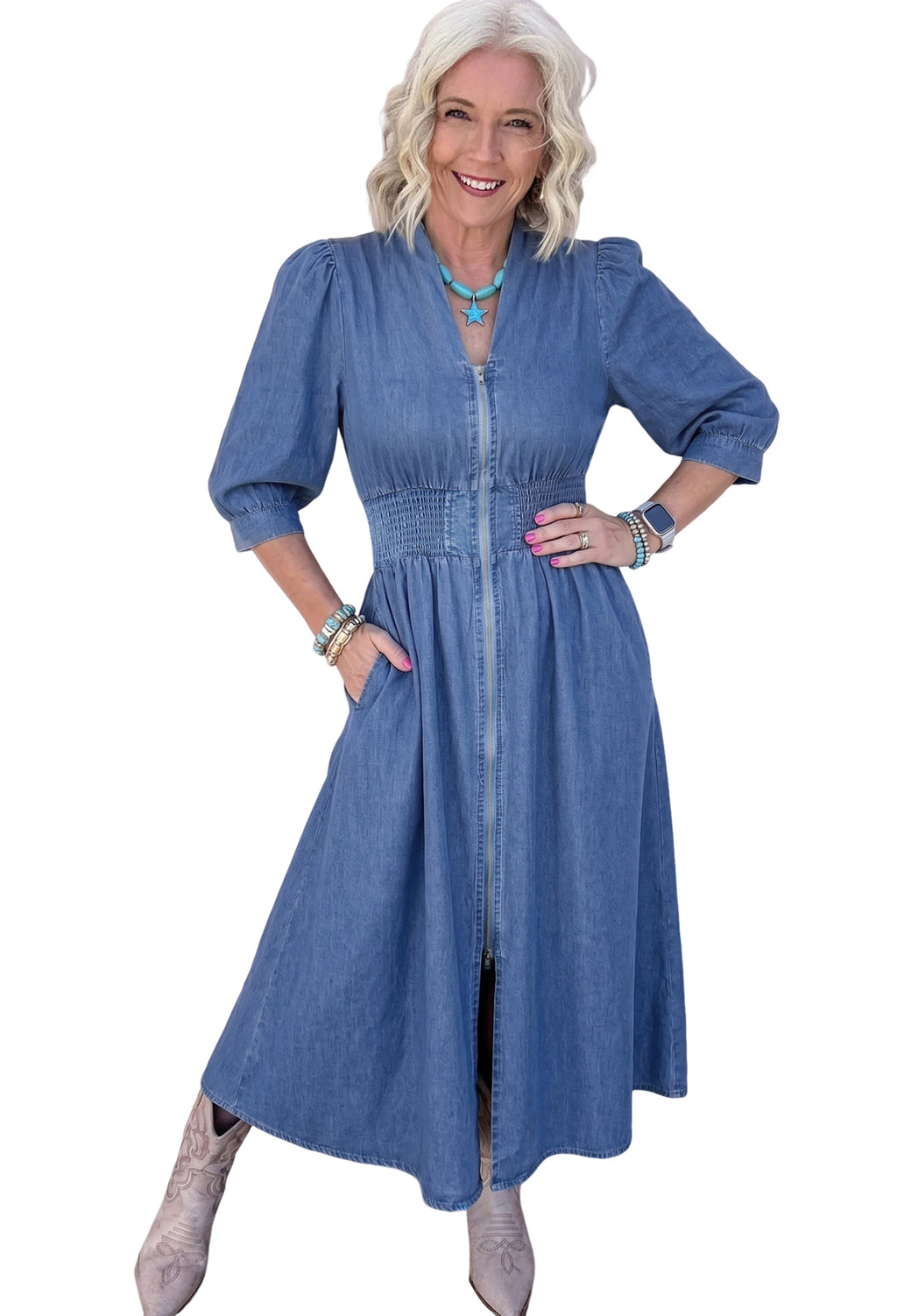 Blue V Neck Shirred Waist Metal Zipper Denim Midi Dress | UK 8–22