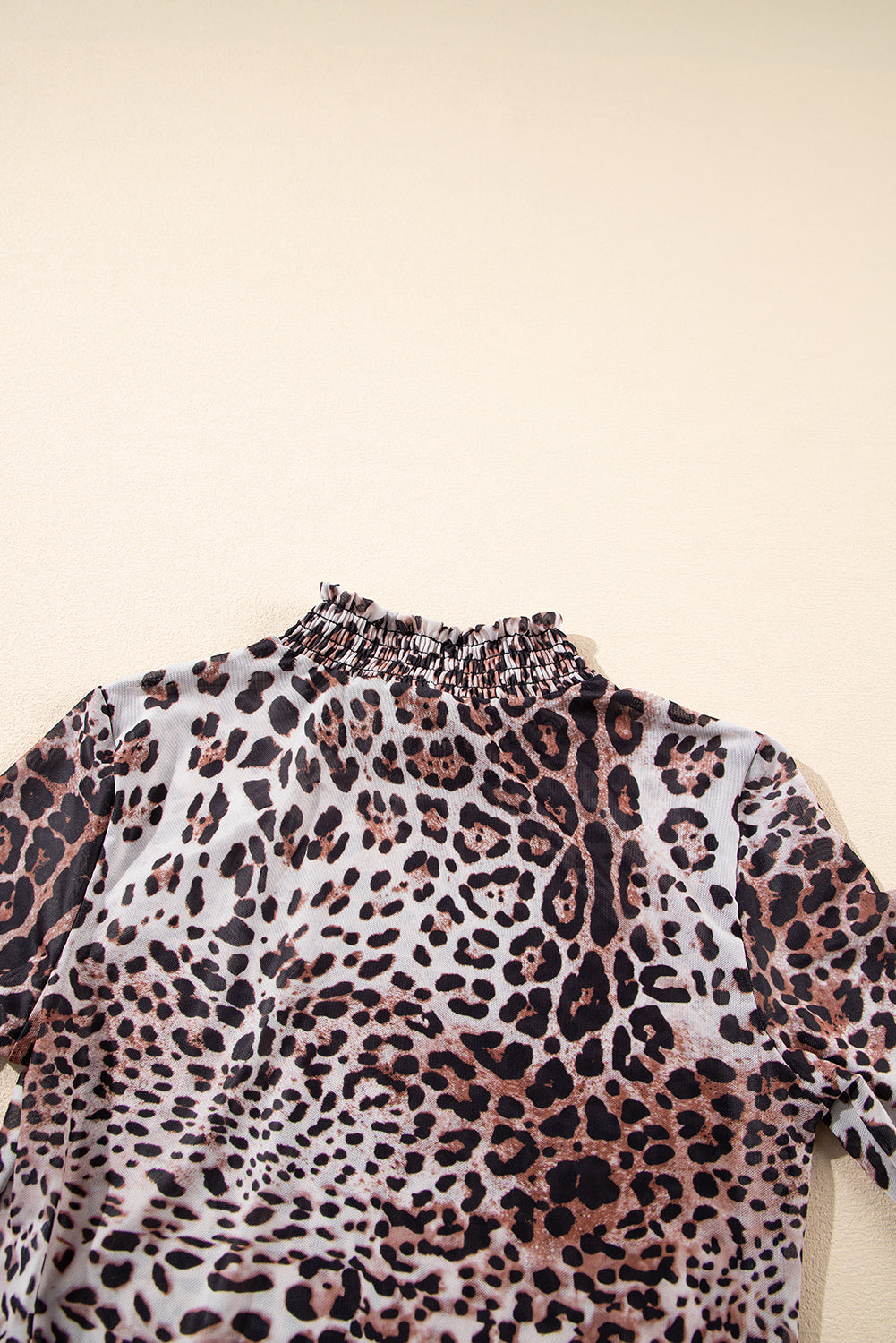 Brown Leopard Print Bodysuit Smocked Neck Mesh Long Sleeve Women S-XL