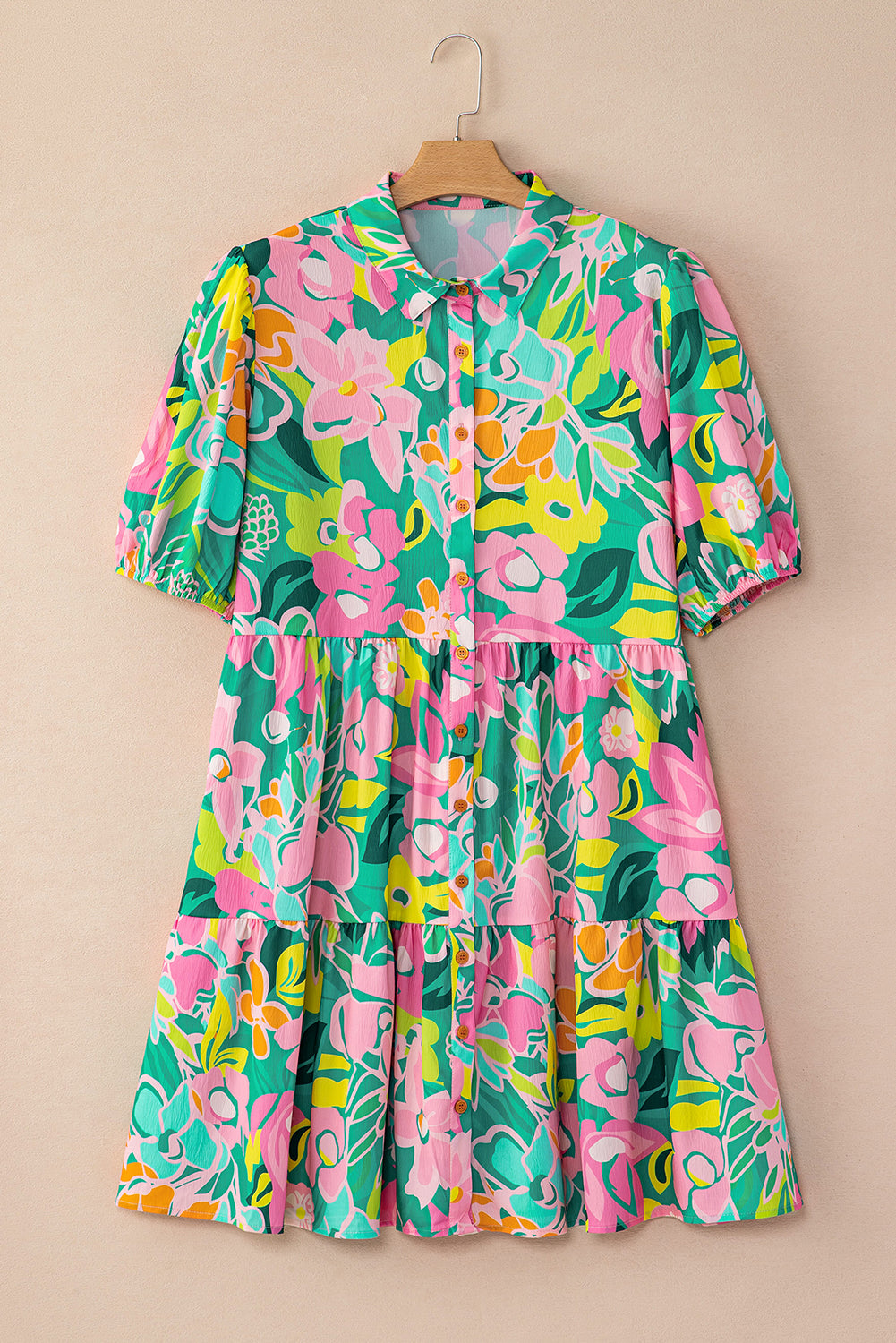 Women's Green Floral Puff Sleeve Collar Buttoned Babydoll Dress Summer Boho Mini Sundress at LivelyLooks