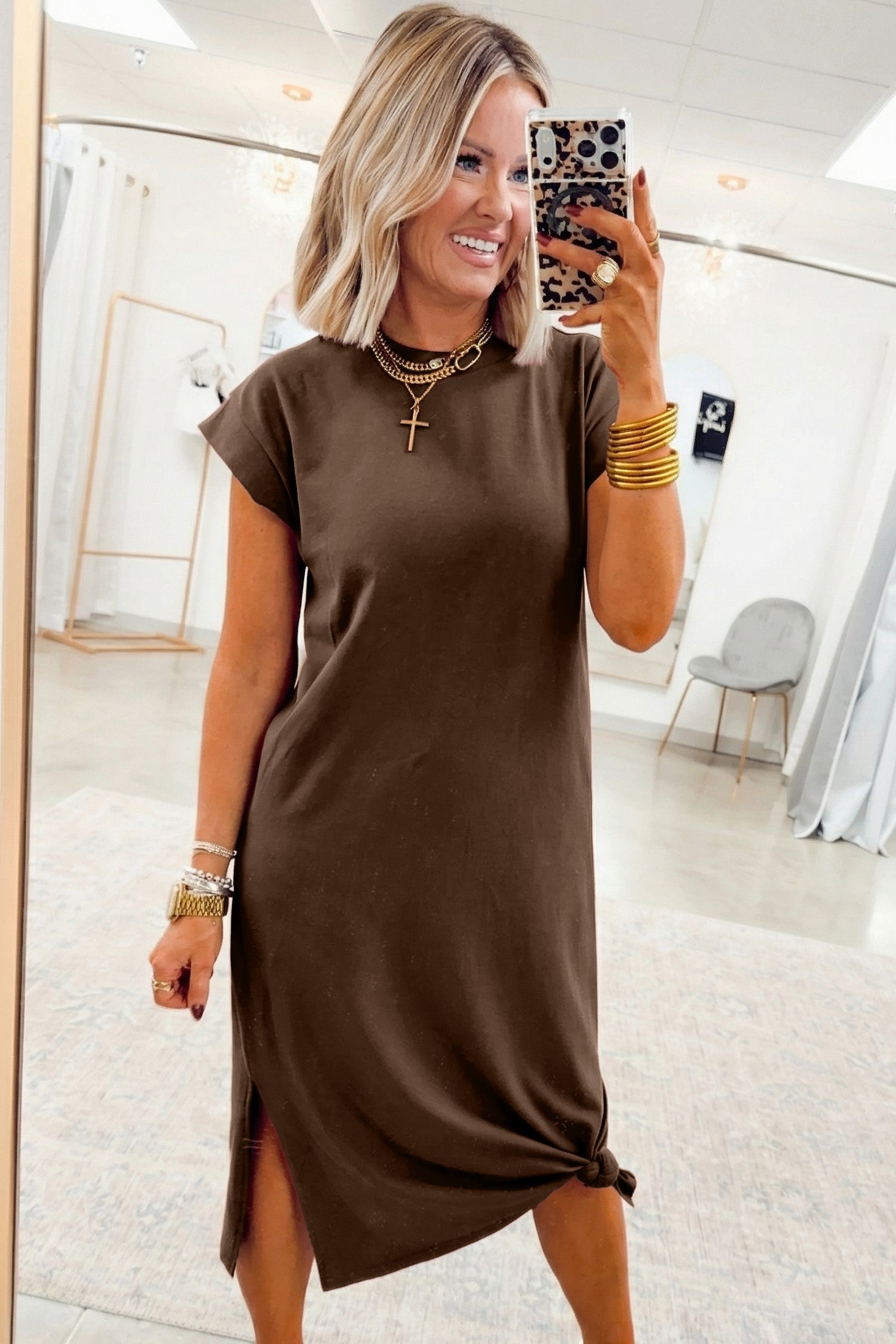 Red Sandalwood Solid Colour Long T-Shirt Dress with Slits S-XL