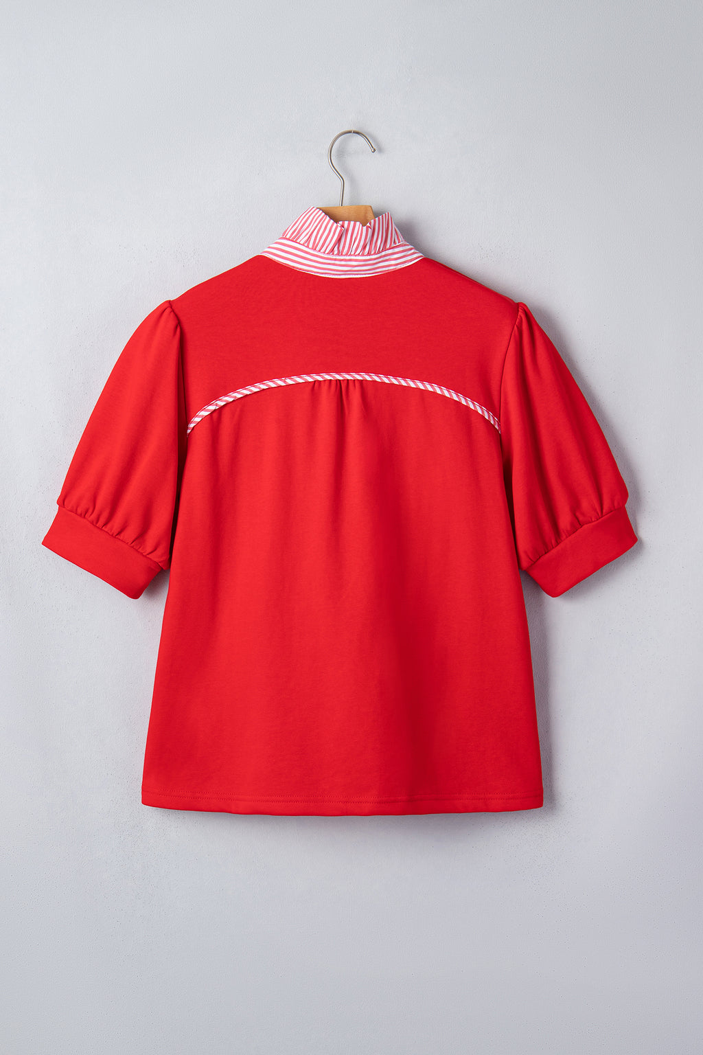 Women's Fiery Red Striped Frilled Collar Puff Sleeve Blouse at LivelyLooks