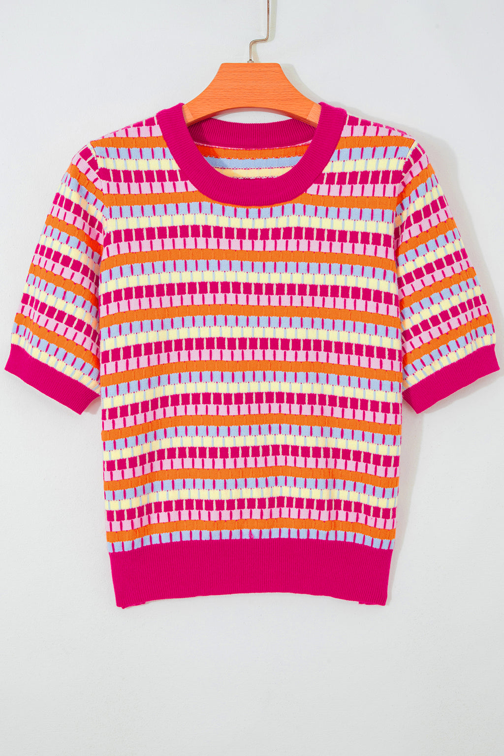 Women's Rose Red Abstract Stripe Knit Short Sleeve Sweater at LivelyLooks
