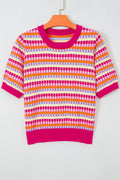 Women's Rose Red Abstract Stripe Knit Short Sleeve Sweater at LivelyLooks