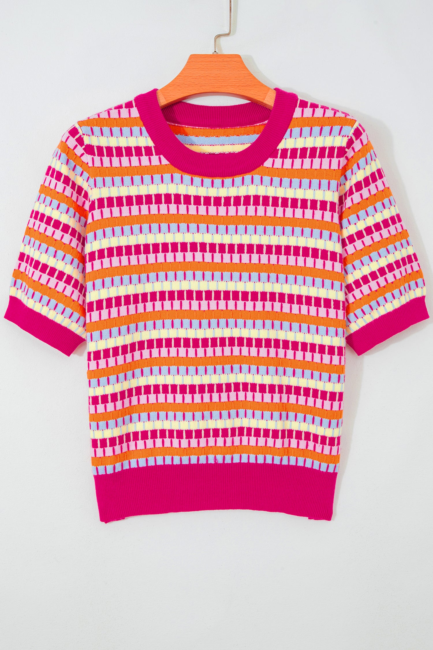 Women's Rose Red Abstract Stripe Knit Short Sleeve Sweater at LivelyLooks