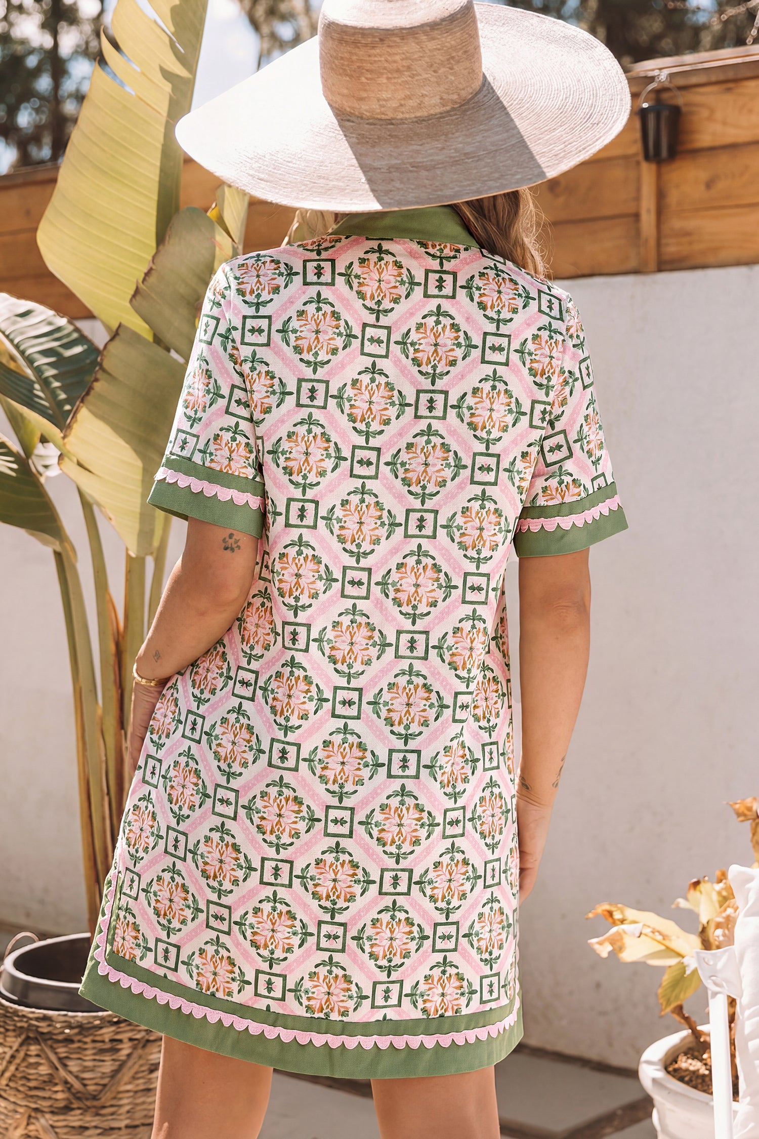 Multicolour Boho Geometric Flower Print Short Sleeve Loose Mini Dress S-XL