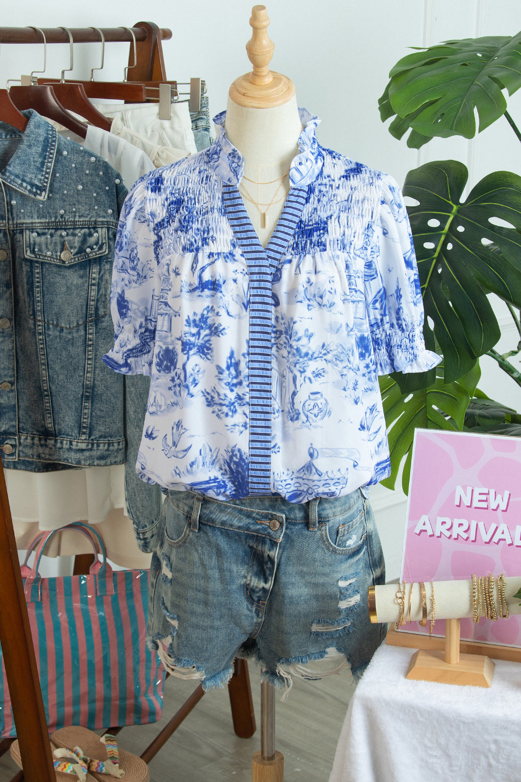 Blue Wild Animal Print Blouse Striped Detail V Neck Short Sleeve Women S-XL