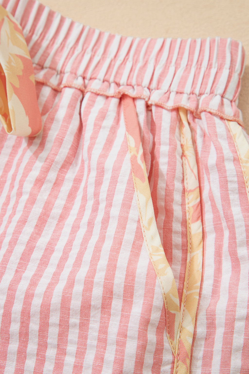 Women's Light Pink Striped Floral Trim Ribbon Knot Casual Shorts at LivelyLooks