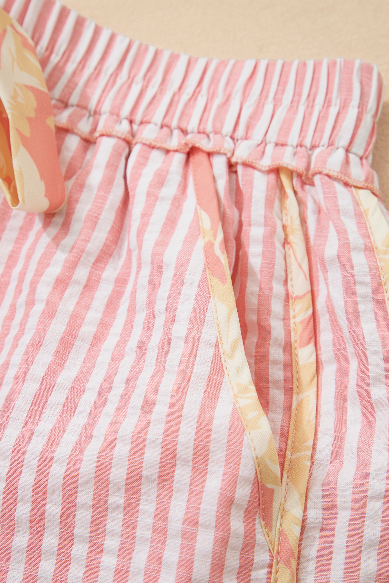 Women's Light Pink Striped Floral Trim Ribbon Knot Casual Shorts at LivelyLooks