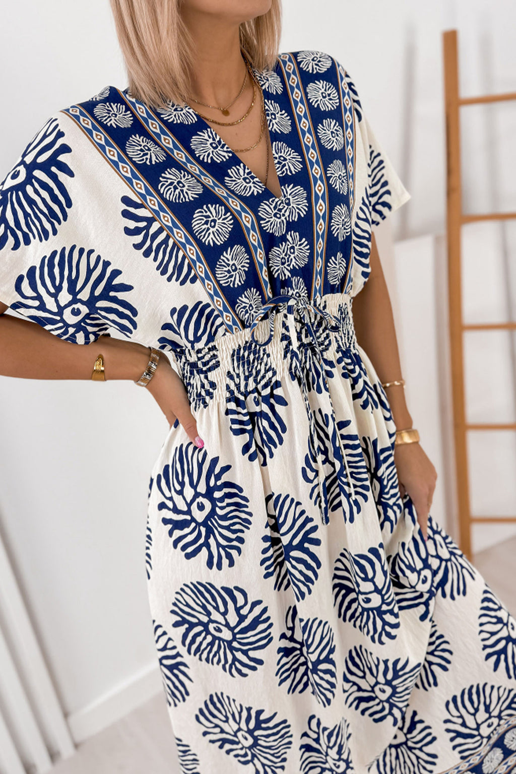 Blue Boho Floral Contrast Patchwork V-Neck Tie Waist Dolman Maxi Dress