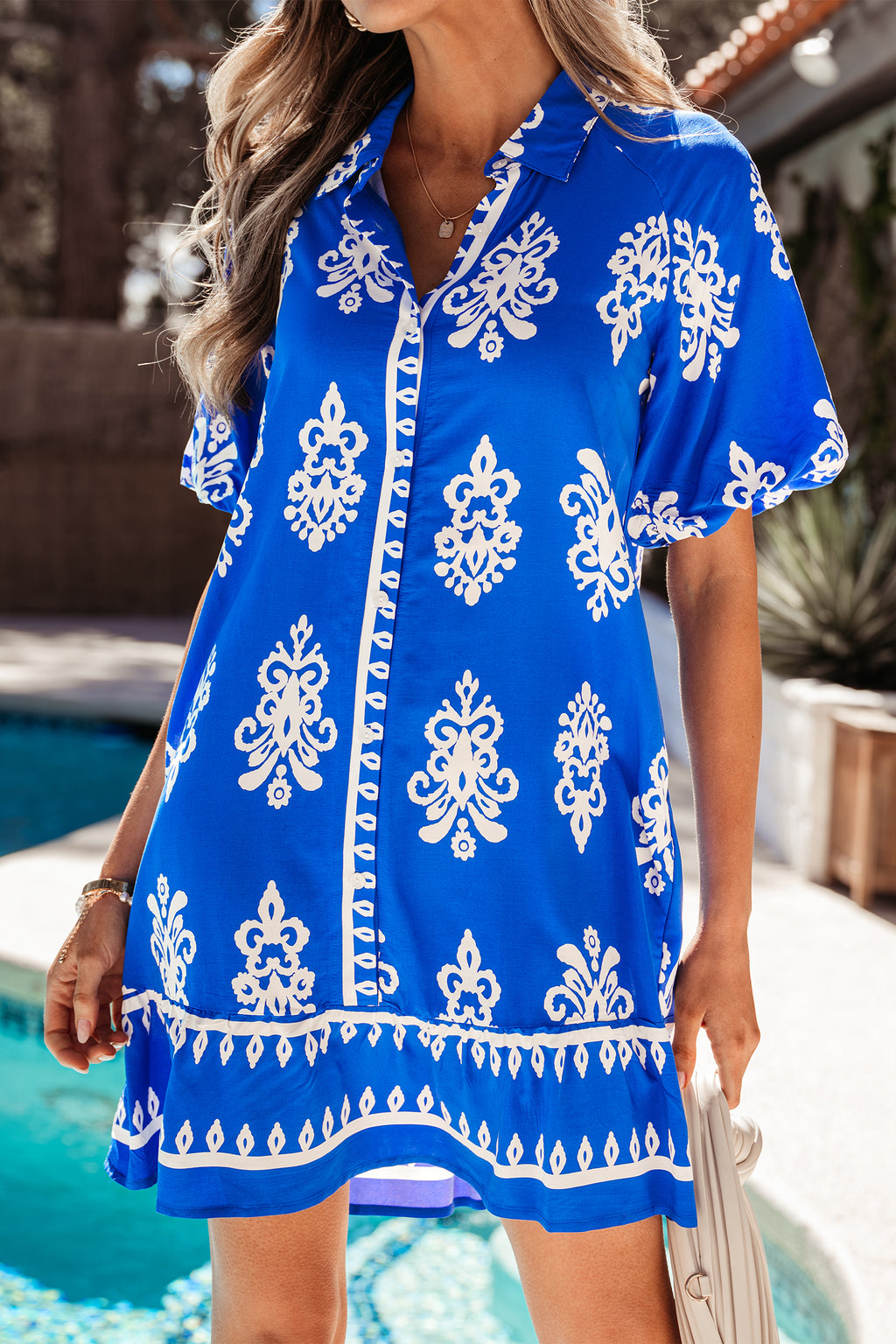 Blue Ethnic Geometric Print Collared Button Front Puff Sleeve Mini Dress S-XL