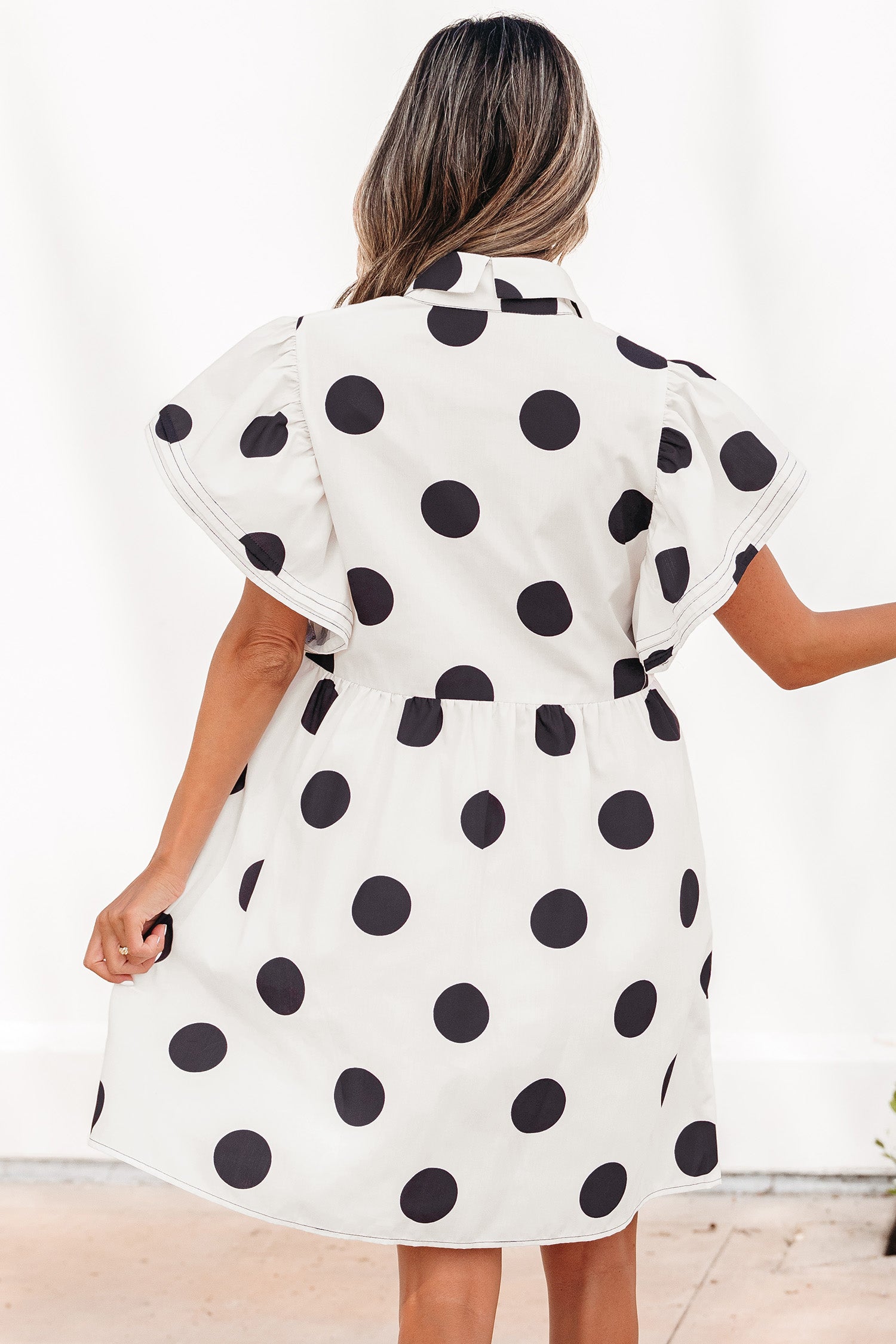 White Polka Dot Half Button Ruffled Short Sleeve Loose Mini Dress S-XL